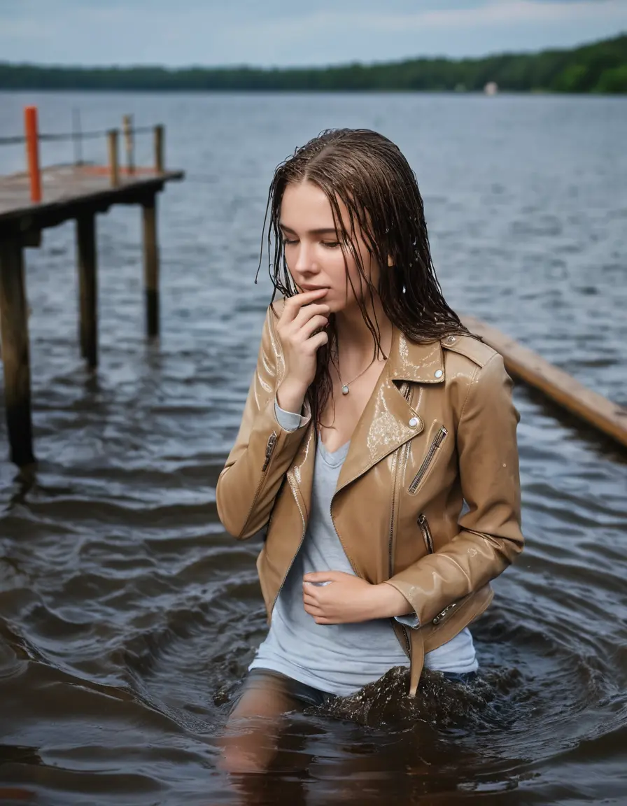 photo of young woman, in soaking wet, drenched clothes,
ankle boots, super skin tight white denim jeans, slim fit light beige biker leatherjacket,  tight sexy tshirt with wide necklace, handbag, pearl necklace, Fifteen years horny blonde teenage girl with her Friends holds her hand over her mouth and nose posing completely soaked deep submerged into water for a picture near a dock, 
enjoying, wet clothes stuck to body,
detailed textures of the wet clothes, wet face, wet plastered hair,
wet, drenched, professional, high-quality details, full body view.
sharp focus, ultra-high pixel detail, realistic, high-quality, full colors, incredibly detailed, 4k, 8k, 16k, hyper-realistic, RAW photo, masterpiece, ultra-detailed, professionally color graded, professional photograph, Fifteen years old, completely soaked, completely dripping wet from head to toe, very wet clothes, sleek long straight hair, undone look, worried and embarrassed facial expression, slight yawn, moaning,  all girls wear different styles of clothes, she takes her handbag with her into the water, a lot of people stands in the background, close-up, view from above, highly realistic representation, ultra sharp focus, highly photorealistic detailed facial features and expressions, highly photorealistic hands, highly best quality, highly sharp photorealistic image, highly photorealistic details, highest photorealistic wet clothes, full UHD resolution, highest photorealistic sharpness of the image, 32 K