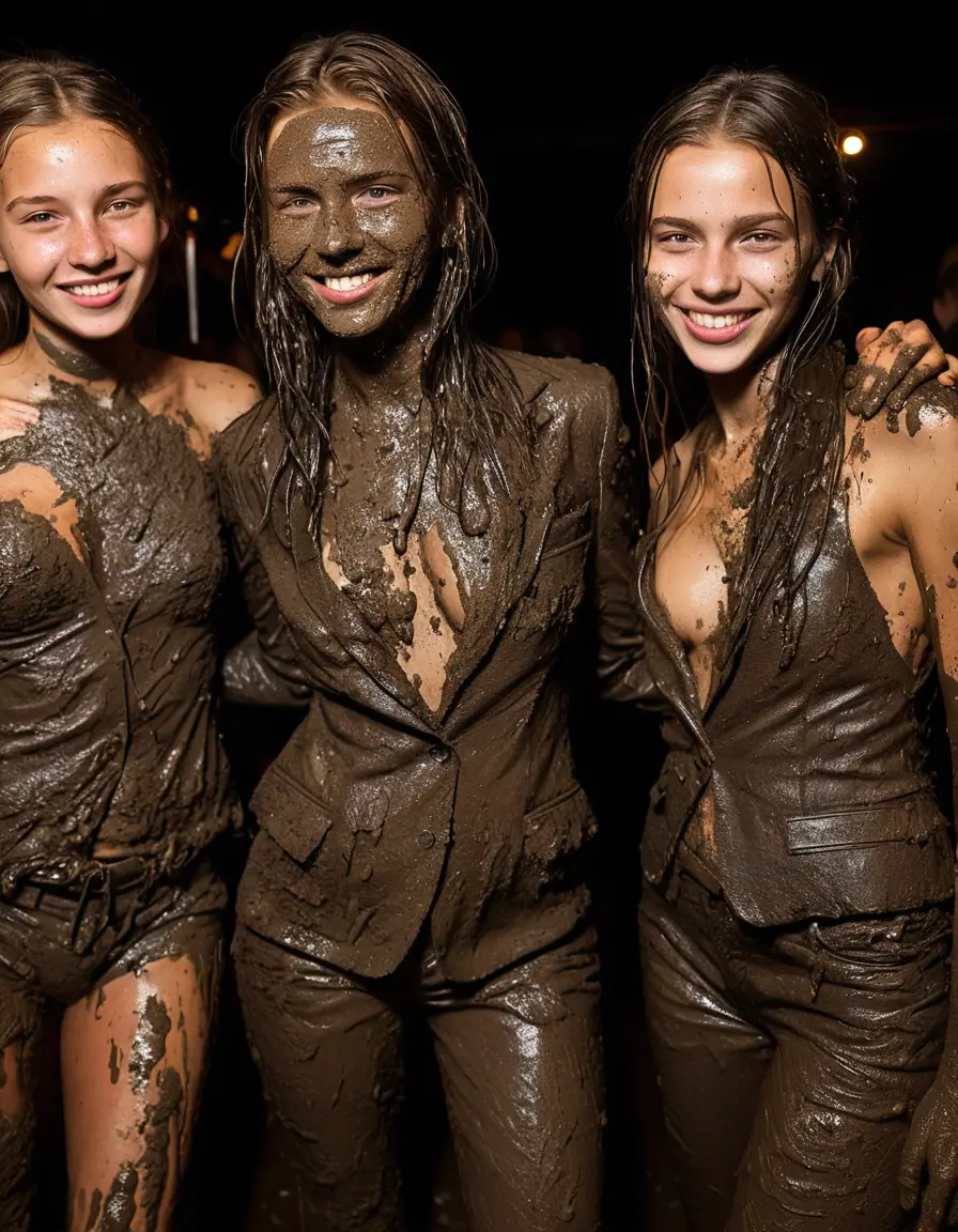 photo of young woman, in soaking wet, drenched clothes,
Muddy high heels, Long very muddy suit pants, Full muddy ruined fully-opened unbuttoned blazer like a fancy uniform over topless exposed small boobs., Dark muddy indoor disco club at night. Deep mud on the floor, mud splashed walls, dripping mud from above, very dark mood lighting with pink and blue neon lights from above. Muddy chairs and sofas in the background. , 
enjoying, wet clothes stuck to body,
detailed textures of the wet clothes, wet face, wet plastered hair,
wet, drenched, professional, high-quality details, full body view.
sharp focus, ultra-high pixel detail, realistic, high-quality, full colors, incredibly detailed, 4k, 8k, 16k, hyper-realistic, RAW photo, masterpiece, ultra-detailed, professionally color graded, professional photograph, Four very young-looking pretty cute innocent blonde teen 16 years old beautiful girls are bathing together in deep muddy pool after a full dip in mud pool and holding a glass of champagne in their hands during the crazy muddy indoor crowded disco party at night and posing for a professional photo. They are proudly wearing their fully and heavily mud-covered unbuttoned and opened suits over their exposed muddy topless small boobs. Thick mud on their blazers and pants. Every small details of the clothes are muddy, muddy beautiful faces, muddy chests and boobs. Their blazer has the same colour as their muddy pants. There are small group of similar muddy clubbing teen girls in the near background. The classy elegant disco club is totally destroyed by mud, mud spots everywhere, mud flows down on the walls, mud on the furnitures in the background. Straight very long open wavy hairstyle, muddy hair, smiling and beautiful muddy faces, blue eyes, earrings, lipstick. The girls are enjoying to being total muddy in the muddy pool, being sexy, naughty while they are enjoying the muddy fetish party. Realistic muddy boobs and photorealistic detailed smiling facial expressions. Intimate close-up picture about the girls from side viewpoint. Close-up photo, highly realistic representation, ultra sharp focus, highly photorealistic detailed textures, highly photorealistic detailed facial features and expressions, highly photorealistic hands, highly emotional reactions, highly best quality, highly sharp photorealistic image, highly photorealistic details, full UHD resolution, 32 K, very high level of detail and image sharpness, zoomed in