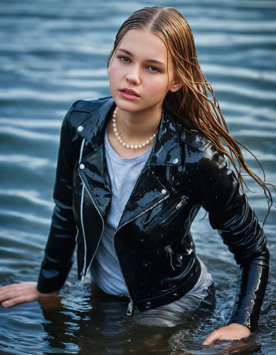 photo of young woman, in soaking wet, drenched clothes,
ankle boots, super skin tight white denim jeans, slim fit black biker leatherjacket,  tight sexy tshirt with wide necklace, handbag, pearl necklace, Fifteen years horny blonde teenage girl with her Friends holds her hand over her mouth and nose posing completely soaked deep submerged into water for a picture near a dock, 
enjoying, wet clothes stuck to body,
detailed textures of the wet clothes, wet face, wet plastered hair,
wet, drenched, professional, high-quality details, full body view.
sharp focus, ultra-high pixel detail, realistic, high-quality, full colors, incredibly detailed, 4k, 8k, 16k, hyper-realistic, RAW photo, masterpiece, ultra-detailed, professionally color graded, professional photograph, Fifteen years old, completely soaked, completely dripping wet from head to toe, very wet clothes, sleek long straight hair, worried and embarrassed facial expression, slight yawn, moaning,  all girls wear different styles of clothes, she takes her handbag with her into the water, a lot of people stands in the background, close-up, view from above, highly realistic representation, ultra sharp focus, highly photorealistic detailed facial features and expressions, highly photorealistic hands, highly best quality, highly sharp photorealistic image, highly photorealistic details, highest photorealistic wet clothes, full UHD resolution, highest photorealistic sharpness of the image, 32 K