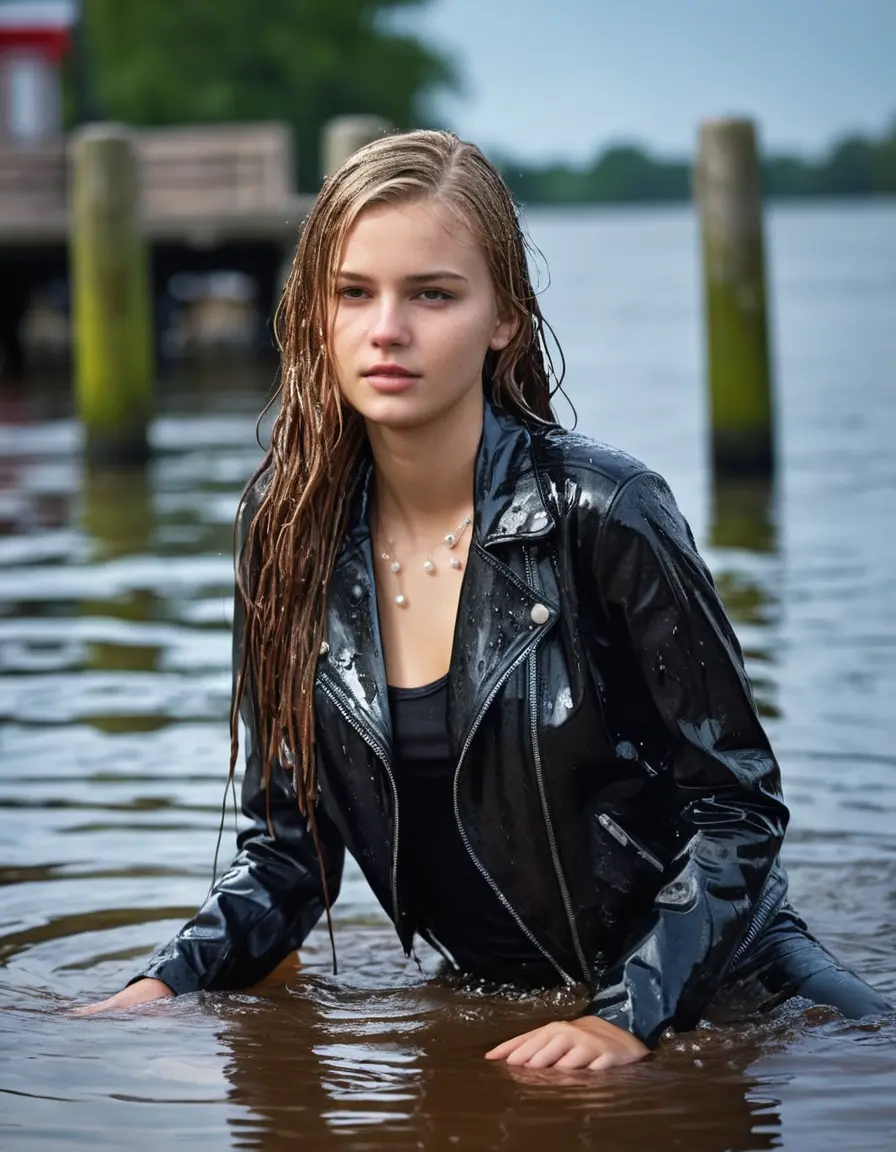 photo of young woman, in soaking wet, drenched clothes,
ankle boots, super skin tight black leatherlegging , slim fit black biker leatherjacket,  tight sexy tshirt with wide necklace, handbag, pearl necklace, Fifteen years horny blonde teenage girl with her Friends holds her hand over her mouth and nose posing completely soaked deep submerged into water for a picture near a dock, 
enjoying, wet clothes stuck to body,
detailed textures of the wet clothes, wet face, wet plastered hair,
wet, drenched, professional, high-quality details, full body view.
sharp focus, ultra-high pixel detail, realistic, high-quality, full colors, incredibly detailed, 4k, 8k, 16k, hyper-realistic, RAW photo, masterpiece, ultra-detailed, professionally color graded, professional photograph, Fifteen years old, completely soaked, completely dripping wet from head to toe, very wet clothes, sleek long straight hair, worried and embarrassed facial expression, slight yawn, moaning,  all girls wear different styles of clothes, she takes her handbag with her into the water, a lot of people stands in the background, close-up, view from above, highly realistic representation, ultra sharp focus, highly photorealistic detailed facial features and expressions, highly photorealistic hands, highly best quality, highly sharp photorealistic image, highly photorealistic details, highest photorealistic wet clothes, full UHD resolution, highest photorealistic sharpness of the image, 32 K