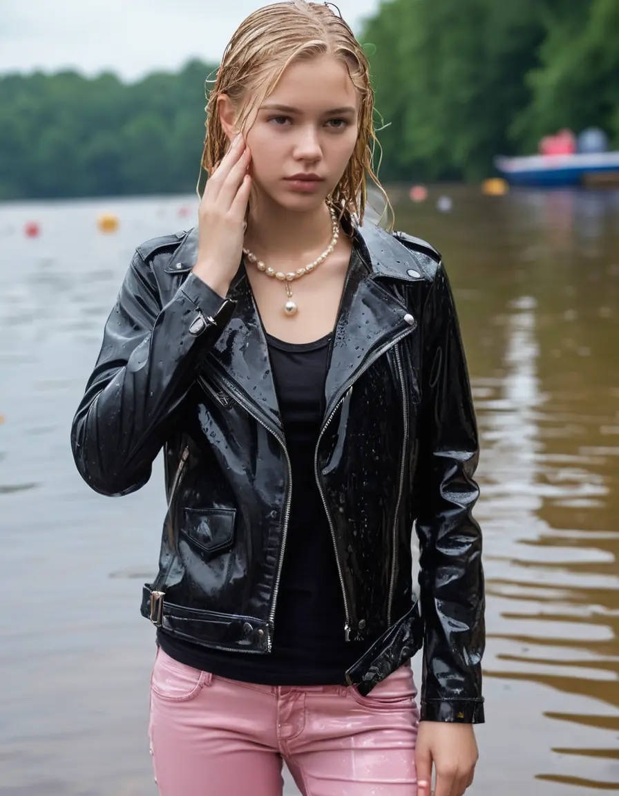 photo of young woman, in soaking wet, drenched clothes,
ankle boots, super skin tight light pink denim jeans, slim fit black biker leatherjacket,  tight sexy tshirt with wide necklace, handbag, pearl necklace, Fifteen years horny blonde teenage girl with her Friends holds her hand over her mouth and nose posing completely soaked deep submerged into water for a picture near a dock, 
enjoying, wet clothes stuck to body,
detailed textures of the wet clothes, wet face, wet plastered hair,
wet, drenched, professional, high-quality details, full body view.
sharp focus, ultra-high pixel detail, realistic, high-quality, full colors, incredibly detailed, 4k, 8k, 16k, hyper-realistic, RAW photo, masterpiece, ultra-detailed, professionally color graded, professional photograph, Fifteen years old, completely soaked, completely dripping wet from head to toe, very wet clothes, sleek long straight hair, worried and embarrassed facial expression, slight yawn, moaning,  all girls wear different styles of clothes, she takes her handbag with her into the water, a lot of people stands in the background, close-up, view from above, highly realistic representation, ultra sharp focus, highly photorealistic detailed facial features and expressions, highly photorealistic hands, highly best quality, highly sharp photorealistic image, highly photorealistic details, highest photorealistic wet clothes, full UHD resolution, highest photorealistic sharpness of the image, 32 K