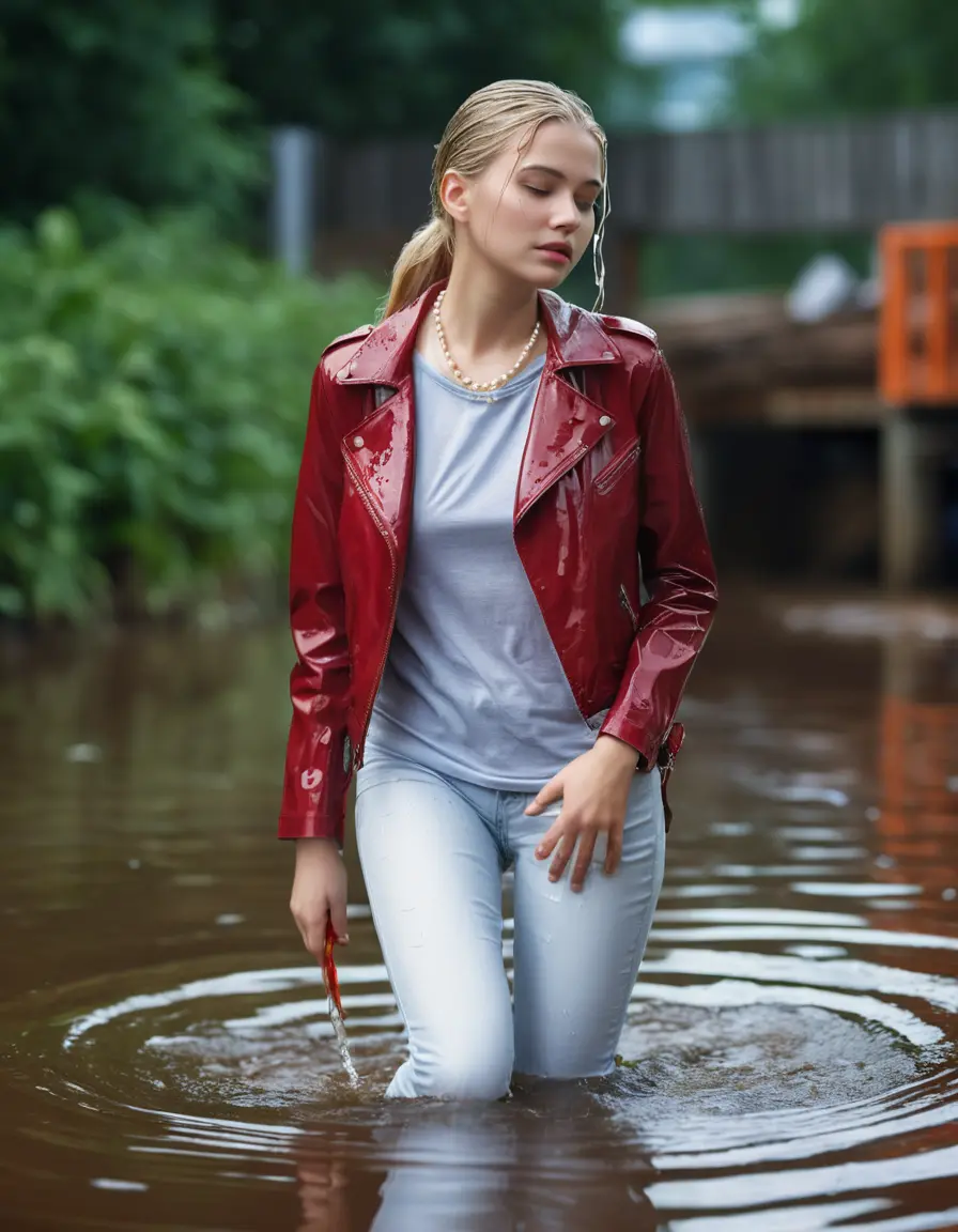 photo of young woman, in soaking wet, drenched clothes,
ankle boots, super skin tight white denim jeans, slim fit red biker leatherjacket,  tight sexy tshirt with wide necklace, handbag, pearl necklace, Fifteen years horny blonde teenage girl with her Friends holds her hand over her mouth and nose wrings out her wet clothes deep submerged into water for a picture near a dock, 
enjoying, wet clothes stuck to body,
detailed textures of the wet clothes, wet face, wet plastered hair,
wet, drenched, professional, high-quality details, full body view.
sharp focus, ultra-high pixel detail, realistic, high-quality, full colors, incredibly detailed, 4k, 8k, 16k, hyper-realistic, RAW photo, masterpiece, ultra-detailed, professionally color graded, professional photograph, Fifteen years old, completely soaked, completely dripping wet from head to toe, very wet clothes, sleek ponytail, worried and embarrassed facial expression, slight yawn, moaning,  all girls wear different styles of clothes, she takes her handbag with her into the water, a lot of people stands in the background, close-up, view from above, highly realistic representation, ultra sharp focus, highly photorealistic detailed facial features and expressions, highly photorealistic hands, highly best quality, highly sharp photorealistic image, highly photorealistic details, highest photorealistic wet clothes, full UHD resolution, highest photorealistic sharpness of the image, 32 K