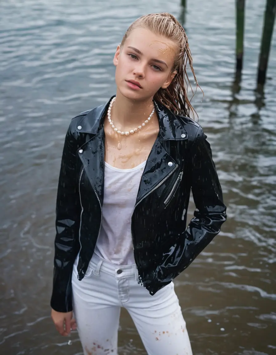 photo of young woman, in soaking wet, drenched clothes,
ankle boots, super skin tight white denim jeans, slim fit black biker leatherjacket,  tight sexy tshirt with wide necklace, handbag, pearl necklace, Fifteen years horny blonde teenage girl with her Friends holds her hand over her mouth and nose posing completely soaked deep submerged into water for a picture near a dock, 
enjoying, wet clothes stuck to body,
detailed textures of the wet clothes, wet face, wet plastered hair,
wet, drenched, professional, high-quality details, full body view.
sharp focus, ultra-high pixel detail, realistic, high-quality, full colors, incredibly detailed, 4k, 8k, 16k, hyper-realistic, RAW photo, masterpiece, ultra-detailed, professionally color graded, professional photograph, Fifteen years old, completely soaked, completely dripping wet from head to toe, very wet clothes, sleek long straight hair, worried and embarrassed facial expression, slight yawn, moaning,  all girls wear different styles of clothes, she takes her handbag with her into the water, a lot of people stands in the background, close-up, view from above, highly realistic representation, ultra sharp focus, highly photorealistic detailed facial features and expressions, highly photorealistic hands, highly best quality, highly sharp photorealistic image, highly photorealistic details, highest photorealistic wet clothes, full UHD resolution, highest photorealistic sharpness of the image, 32 K