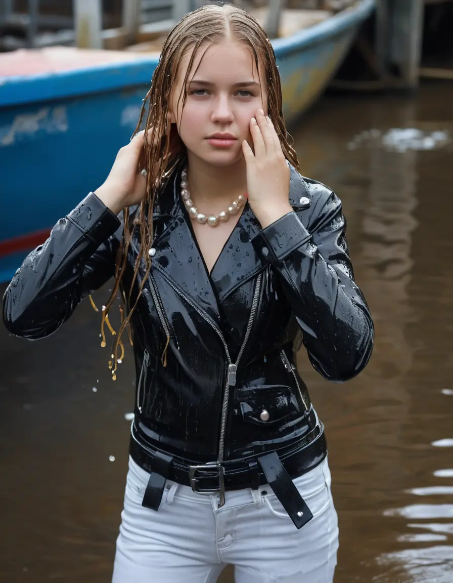 photo of young woman, in soaking wet, drenched clothes,
ankle boots, super skin tight white denim jeans, slim fit black biker leatherjacket,  tight sexy tshirt with wide necklace, handbag, pearl necklace, Fifteen years horny blonde teenage girl with her Friends holds her hand over her mouth and nose posing completely soaked deep submerged into water for a picture near a dock, 
enjoying, wet clothes stuck to body,
detailed textures of the wet clothes, wet face, wet plastered hair,
wet, drenched, professional, high-quality details, full body view.
sharp focus, ultra-high pixel detail, realistic, high-quality, full colors, incredibly detailed, 4k, 8k, 16k, hyper-realistic, RAW photo, masterpiece, ultra-detailed, professionally color graded, professional photograph, Fifteen years old, completely soaked, completely dripping wet from head to toe, very wet clothes, sleek long straight hair, worried and embarrassed facial expression, slight yawn, moaning,  all girls wear different styles of clothes, she takes her handbag with her into the water, a lot of people stands in the background, close-up, view from above, highly realistic representation, ultra sharp focus, highly photorealistic detailed facial features and expressions, highly photorealistic hands, highly best quality, highly sharp photorealistic image, highly photorealistic details, highest photorealistic wet clothes, full UHD resolution, highest photorealistic sharpness of the image, 32 K