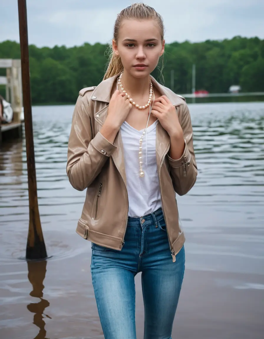 photo of young woman, in soaking wet, drenched clothes,
ankle boots, super skin tight white denim jeans, slim fit light beige biker leatherjacket,  tight sexy tshirt with wide necklace, handbag, pearl necklace, Fifteen years horny blonde teenage girl with her Friends holds her hand over her mouth and nose posing completely soaked deep submerged into water for a picture near a dock, 
enjoying, wet clothes stuck to body,
detailed textures of the wet clothes, wet face, wet plastered hair,
wet, drenched, professional, high-quality details, full body view.
sharp focus, ultra-high pixel detail, realistic, high-quality, full colors, incredibly detailed, 4k, 8k, 16k, hyper-realistic, RAW photo, masterpiece, ultra-detailed, professionally color graded, professional photograph, Fifteen years old, completely soaked, completely dripping wet from head to toe, very wet clothes, sleek ponytail, worried and embarrassed facial expression, slight yawn, moaning,  all girls wear different styles of clothes, she takes her handbag with her into the water, a lot of people stands in the background, close-up, view from above, highly realistic representation, ultra sharp focus, highly photorealistic detailed facial features and expressions, highly photorealistic hands, highly best quality, highly sharp photorealistic image, highly photorealistic details, highest photorealistic wet clothes, full UHD resolution, highest photorealistic sharpness of the image, 32 K