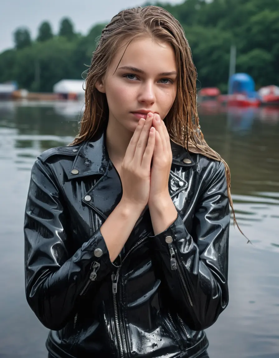 photo of young woman, in soaking wet, drenched clothes,
ankle boots, super skin tight black leatherlegging , slim fit black biker leatherjacket,  tight sexy tshirt with wide necklace, handbag, pearl necklace, Fifteen years horny blonde teenage girl with her Friends holds her hand over her mouth and nose posing completely soaked deep submerged into water for a picture near a dock, 
enjoying, wet clothes stuck to body,
detailed textures of the wet clothes, wet face, wet plastered hair,
wet, drenched, professional, high-quality details, full body view.
sharp focus, ultra-high pixel detail, realistic, high-quality, full colors, incredibly detailed, 4k, 8k, 16k, hyper-realistic, RAW photo, masterpiece, ultra-detailed, professionally color graded, professional photograph, Fifteen years old, completely soaked, completely dripping wet from head to toe, very wet clothes, sleek long straight hair, worried and embarrassed facial expression, slight yawn, moaning,  all girls wear different styles of clothes, she takes her handbag with her into the water, a lot of people stands in the background, close-up, view from above, highly realistic representation, ultra sharp focus, highly photorealistic detailed facial features and expressions, highly photorealistic hands, highly best quality, highly sharp photorealistic image, highly photorealistic details, highest photorealistic wet clothes, full UHD resolution, highest photorealistic sharpness of the image, 32 K