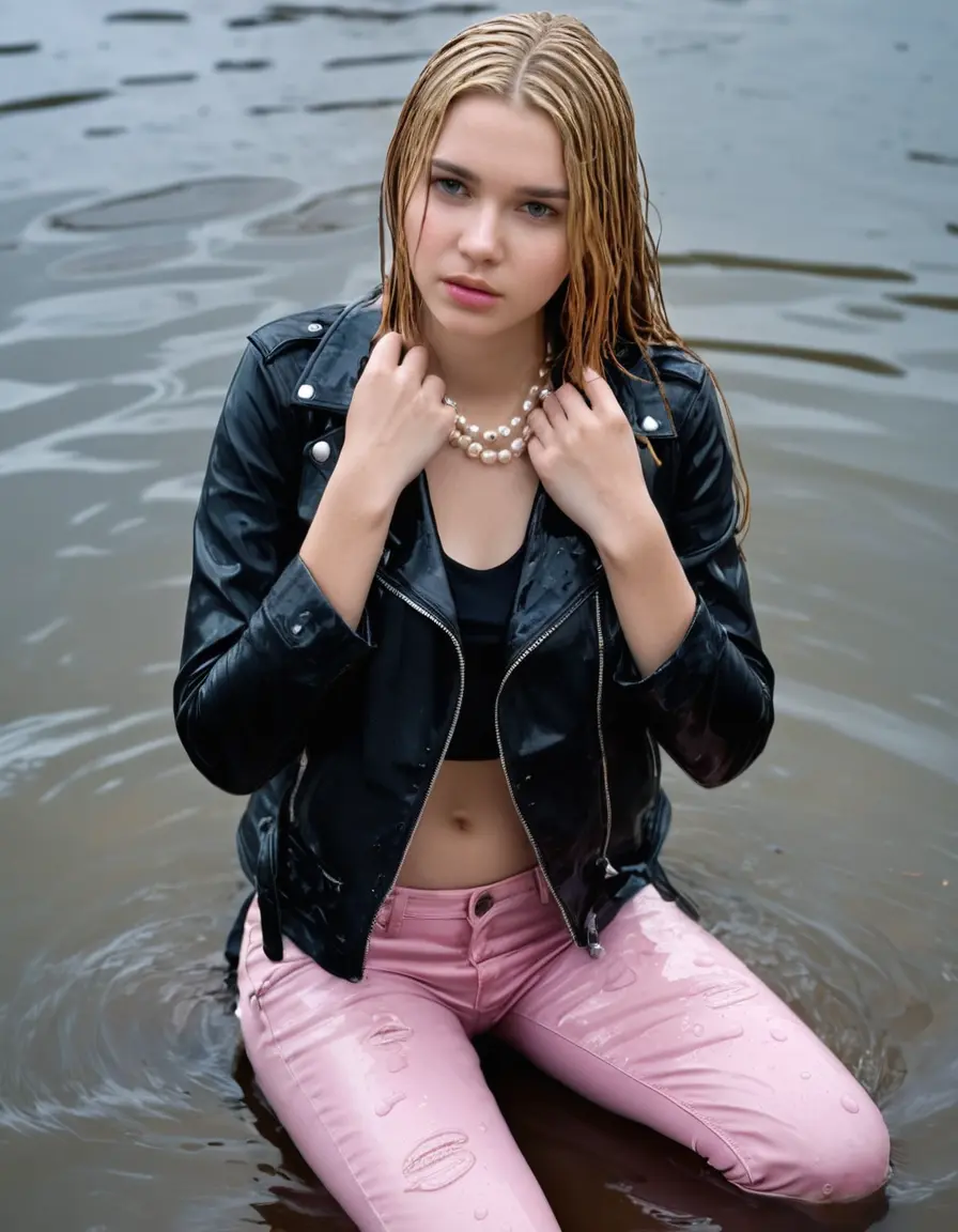 photo of young woman, in soaking wet, drenched clothes,
ankle boots, super skin tight light pink denim jeans, slim fit black biker leatherjacket,  tight sexy tshirt with wide necklace, handbag, pearl necklace, Fifteen years horny blonde teenage girl with her Friends holds her hand over her mouth and nose posing completely soaked deep submerged into water for a picture near a dock, 
enjoying, wet clothes stuck to body,
detailed textures of the wet clothes, wet face, wet plastered hair,
wet, drenched, professional, high-quality details, full body view.
sharp focus, ultra-high pixel detail, realistic, high-quality, full colors, incredibly detailed, 4k, 8k, 16k, hyper-realistic, RAW photo, masterpiece, ultra-detailed, professionally color graded, professional photograph, Fifteen years old, completely soaked, completely dripping wet from head to toe, very wet clothes, sleek long straight hair, worried and embarrassed facial expression, slight yawn, moaning,  all girls wear different styles of clothes, she takes her handbag with her into the water, a lot of people stands in the background, close-up, view from above, highly realistic representation, ultra sharp focus, highly photorealistic detailed facial features and expressions, highly photorealistic hands, highly best quality, highly sharp photorealistic image, highly photorealistic details, highest photorealistic wet clothes, full UHD resolution, highest photorealistic sharpness of the image, 32 K
