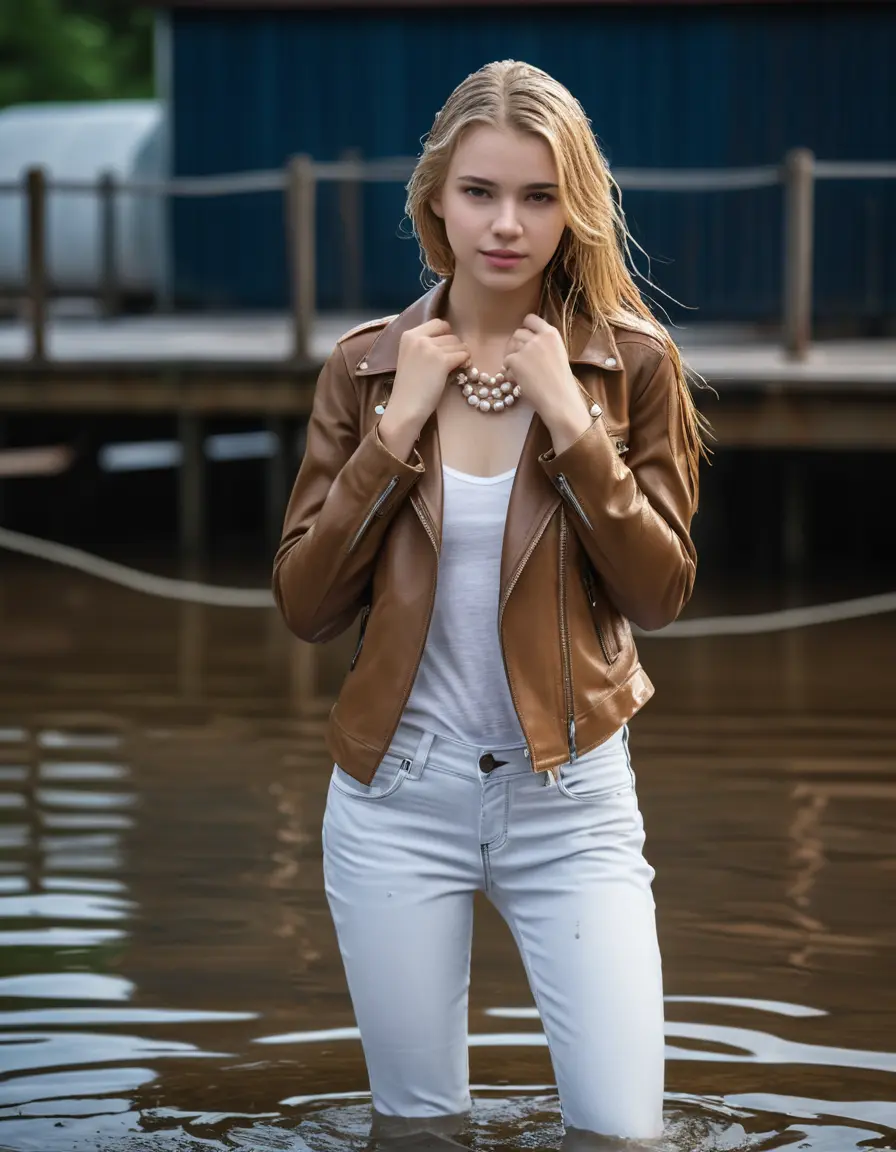photo of young woman, in soaking wet, drenched clothes,
ankle boots, super skin tight white denim jeans, slim fit light beige biker leatherjacket,  tight sexy tshirt with wide necklace, handbag, pearl necklace, Fifteen years horny blonde teenage girl with her Friends holds her hand over her mouth and nose posing completely soaked deep submerged into water for a picture near a dock, 
enjoying, wet clothes stuck to body,
detailed textures of the wet clothes, wet face, wet plastered hair,
wet, drenched, professional, high-quality details, full body view.
sharp focus, ultra-high pixel detail, realistic, high-quality, full colors, incredibly detailed, 4k, 8k, 16k, hyper-realistic, RAW photo, masterpiece, ultra-detailed, professionally color graded, professional photograph, Fifteen years old, completely soaked, completely dripping wet from head to toe, very wet clothes, sleek long straight hair, worried and embarrassed facial expression, slight yawn, moaning,  all girls wear different styles of clothes, she takes her handbag with her into the water, a lot of people stands in the background, close-up, view from above, highly realistic representation, ultra sharp focus, highly photorealistic detailed facial features and expressions, highly photorealistic hands, highly best quality, highly sharp photorealistic image, highly photorealistic details, highest photorealistic wet clothes, full UHD resolution, highest photorealistic sharpness of the image, 32 K