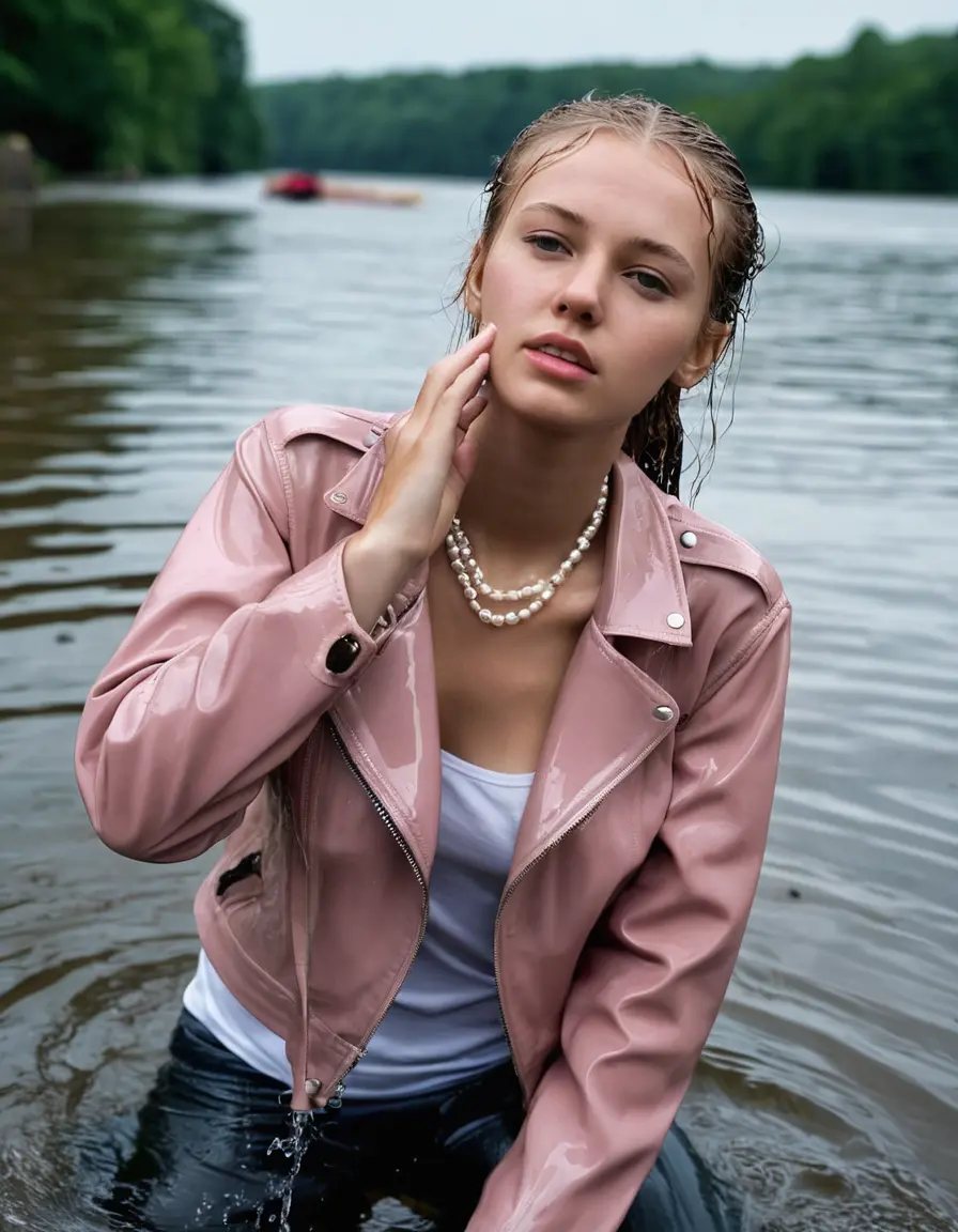 photo of young woman, in soaking wet, drenched clothes,
ankle boots, super skin tight white denim jeans, slim fit light pink biker leatherjacket,  tight sexy tshirt with wide necklace, handbag, pearl necklace, Fifteen years horny blonde teenage girl with her Friends holds her hand over her mouth and nose wrings out her wet clothes deep submerged into water for a picture near a dock, 
enjoying, wet clothes stuck to body,
detailed textures of the wet clothes, wet face, wet plastered hair,
wet, drenched, professional, high-quality details, full body view.
sharp focus, ultra-high pixel detail, realistic, high-quality, full colors, incredibly detailed, 4k, 8k, 16k, hyper-realistic, RAW photo, masterpiece, ultra-detailed, professionally color graded, professional photograph, Fifteen years old, completely soaked, completely dripping wet from head to toe, very wet clothes, sleek ponytail, worried and embarrassed facial expression, slight yawn, moaning,  all girls wear different styles of clothes, she takes her handbag with her into the water, a lot of people stands in the background, close-up, view from above, highly realistic representation, ultra sharp focus, highly photorealistic detailed facial features and expressions, highly photorealistic hands, highly best quality, highly sharp photorealistic image, highly photorealistic details, highest photorealistic wet clothes, full UHD resolution, highest photorealistic sharpness of the image, 32 K