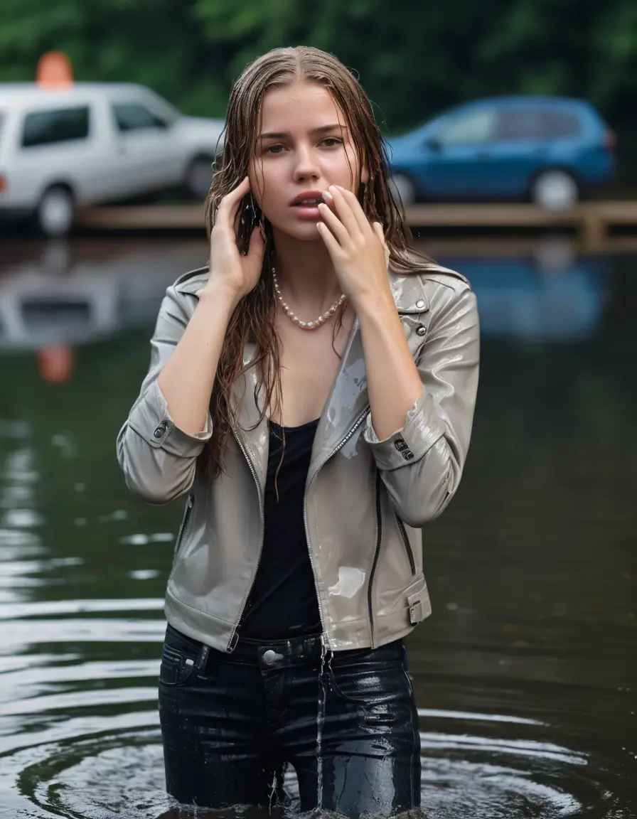 photo of young woman, in soaking wet, drenched clothes,
ankle boots, super skin tight white denim jeans, slim fit black biker leatherjacket,  tight sexy tshirt with wide necklace, handbag, pearl necklace, Fifteen years horny blonde teenage girl with her Friends holds her hand over her mouth and nose posing completely soaked deep submerged into water for a picture near a dock, 
enjoying, wet clothes stuck to body,
detailed textures of the wet clothes, wet face, wet plastered hair,
wet, drenched, professional, high-quality details, full body view.
sharp focus, ultra-high pixel detail, realistic, high-quality, full colors, incredibly detailed, 4k, 8k, 16k, hyper-realistic, RAW photo, masterpiece, ultra-detailed, professionally color graded, professional photograph, Fifteen years old, completely soaked, completely dripping wet from head to toe, very wet clothes, sleek long straight hair, worried and embarrassed facial expression, slight yawn, moaning,  all girls wear different styles of clothes, she takes her handbag with her into the water, a lot of people stands in the background, close-up, view from above, highly realistic representation, ultra sharp focus, highly photorealistic detailed facial features and expressions, highly photorealistic hands, highly best quality, highly sharp photorealistic image, highly photorealistic details, highest photorealistic wet clothes, full UHD resolution, highest photorealistic sharpness of the image, 32 K