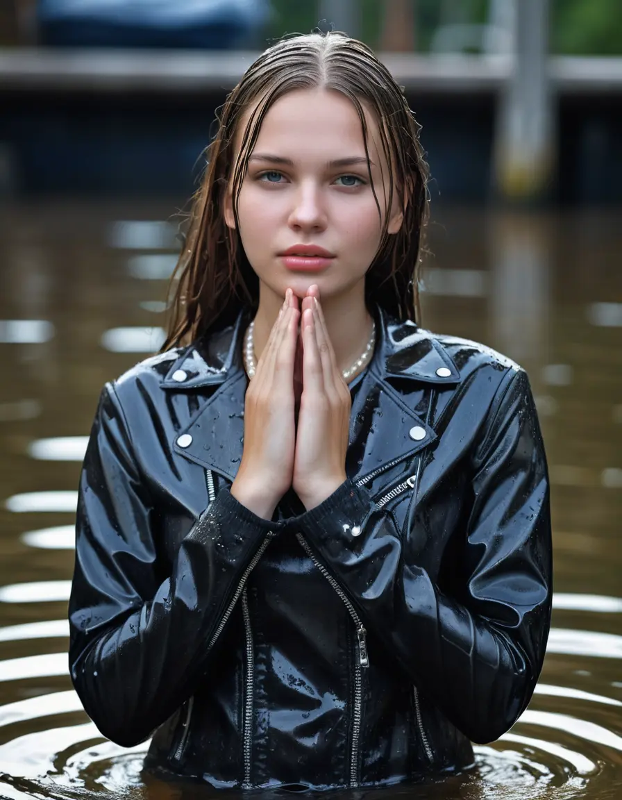 photo of young woman, in soaking wet, drenched clothes,
ankle boots, super skin tight black leatherlegging , slim fit black biker leatherjacket,  tight sexy tshirt with wide necklace, handbag, pearl necklace, Fifteen years horny blonde teenage girl with her Friends holds her hand over her mouth and nose posing completely soaked deep submerged into water for a picture near a dock, 
enjoying, wet clothes stuck to body,
detailed textures of the wet clothes, wet face, wet plastered hair,
wet, drenched, professional, high-quality details, full body view.
sharp focus, ultra-high pixel detail, realistic, high-quality, full colors, incredibly detailed, 4k, 8k, 16k, hyper-realistic, RAW photo, masterpiece, ultra-detailed, professionally color graded, professional photograph, Fifteen years old, completely soaked, completely dripping wet from head to toe, very wet clothes, sleek long straight hair, worried and embarrassed facial expression, slight yawn, moaning,  all girls wear different styles of clothes, she takes her handbag with her into the water, a lot of people stands in the background, close-up, view from above, highly realistic representation, ultra sharp focus, highly photorealistic detailed facial features and expressions, highly photorealistic hands, highly best quality, highly sharp photorealistic image, highly photorealistic details, highest photorealistic wet clothes, full UHD resolution, highest photorealistic sharpness of the image, 32 K