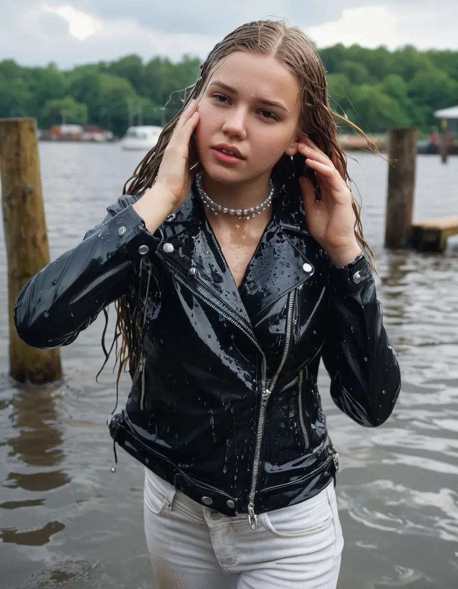 photo of young woman, in soaking wet, drenched clothes,
ankle boots, super skin tight white denim jeans, slim fit black biker leatherjacket,  tight sexy tshirt with wide necklace, handbag, pearl necklace, Fifteen years horny blonde teenage girl with her Friends holds her hand over her mouth and nose posing completely soaked deep submerged into water for a picture near a dock, 
enjoying, wet clothes stuck to body,
detailed textures of the wet clothes, wet face, wet plastered hair,
wet, drenched, professional, high-quality details, full body view.
sharp focus, ultra-high pixel detail, realistic, high-quality, full colors, incredibly detailed, 4k, 8k, 16k, hyper-realistic, RAW photo, masterpiece, ultra-detailed, professionally color graded, professional photograph, Fifteen years old, completely soaked, completely dripping wet from head to toe, very wet clothes, sleek long straight hair, worried and embarrassed facial expression, slight yawn, moaning,  all girls wear different styles of clothes, she takes her handbag with her into the water, a lot of people stands in the background, close-up, view from above, highly realistic representation, ultra sharp focus, highly photorealistic detailed facial features and expressions, highly photorealistic hands, highly best quality, highly sharp photorealistic image, highly photorealistic details, highest photorealistic wet clothes, full UHD resolution, highest photorealistic sharpness of the image, 32 K
