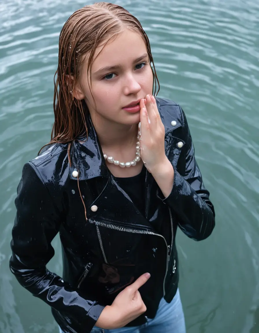 photo of young woman, in soaking wet, drenched clothes,
ankle boots, super skin tight light pink denim jeans, slim fit black biker leatherjacket,  tight sexy tshirt with wide necklace, handbag, pearl necklace, Fifteen years horny blonde teenage girl with her Friends holds her hand over her mouth and nose posing completely soaked deep submerged into water for a picture near a dock, 
enjoying, wet clothes stuck to body,
detailed textures of the wet clothes, wet face, wet plastered hair,
wet, drenched, professional, high-quality details, full body view.
sharp focus, ultra-high pixel detail, realistic, high-quality, full colors, incredibly detailed, 4k, 8k, 16k, hyper-realistic, RAW photo, masterpiece, ultra-detailed, professionally color graded, professional photograph, Fifteen years old, completely soaked, completely dripping wet from head to toe, very wet clothes, sleek long straight hair, worried and embarrassed facial expression, slight yawn, moaning,  all girls wear different styles of clothes, she takes her handbag with her into the water, a lot of people stands in the background, close-up, view from above, highly realistic representation, ultra sharp focus, highly photorealistic detailed facial features and expressions, highly photorealistic hands, highly best quality, highly sharp photorealistic image, highly photorealistic details, highest photorealistic wet clothes, full UHD resolution, highest photorealistic sharpness of the image, 32 K