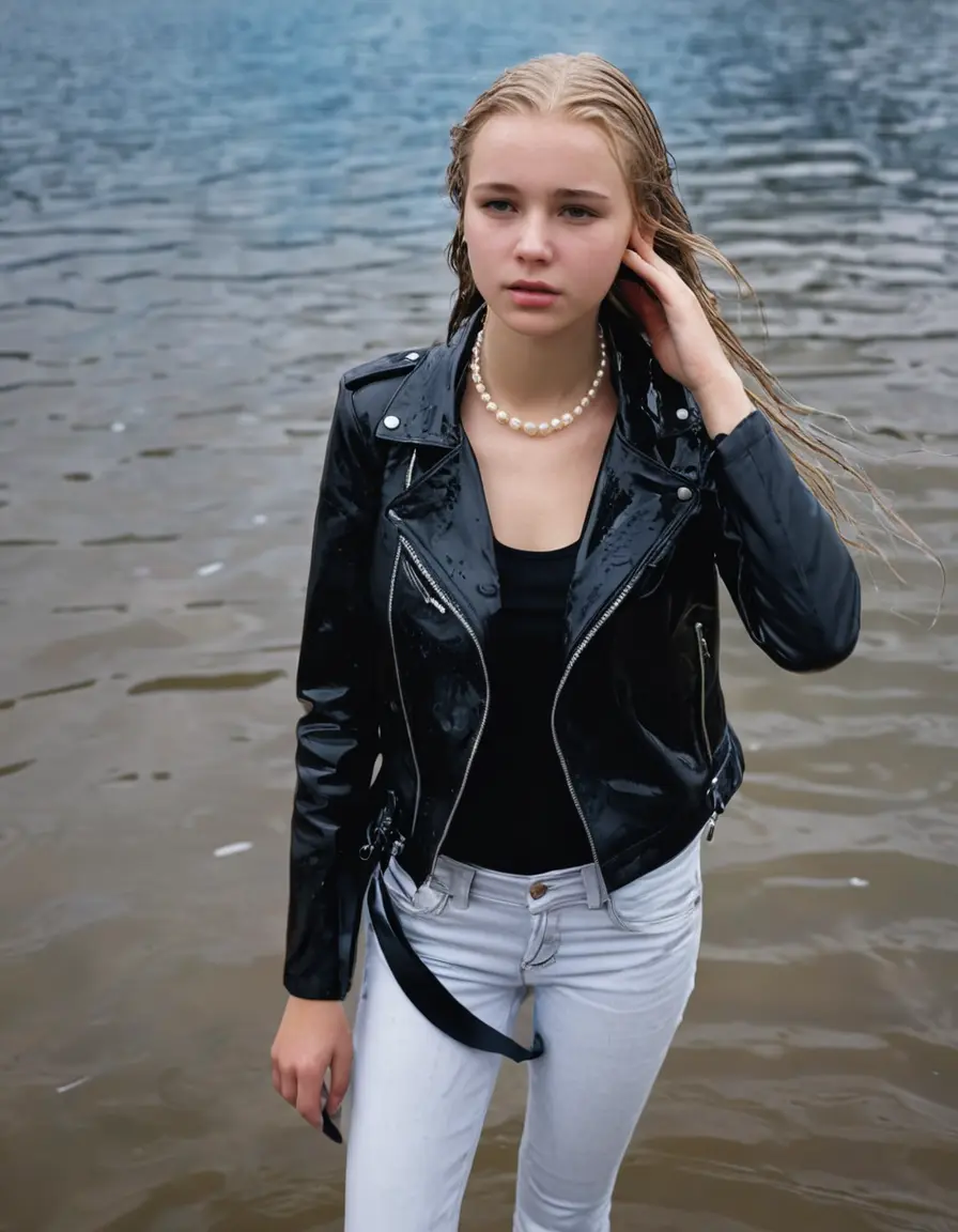 photo of young woman, in soaking wet, drenched clothes,
ankle boots, super skin tight white denim jeans, slim fit black biker leatherjacket,  tight sexy tshirt with wide necklace, handbag, pearl necklace, Fifteen years horny blonde teenage girl with her Friends holds her hand over her mouth and nose posing completely soaked deep submerged into water for a picture near a dock, 
enjoying, wet clothes stuck to body,
detailed textures of the wet clothes, wet face, wet plastered hair,
wet, drenched, professional, high-quality details, full body view.
sharp focus, ultra-high pixel detail, realistic, high-quality, full colors, incredibly detailed, 4k, 8k, 16k, hyper-realistic, RAW photo, masterpiece, ultra-detailed, professionally color graded, professional photograph, Fifteen years old, completely soaked, completely dripping wet from head to toe, very wet clothes, sleek long straight hair, worried and embarrassed facial expression, slight yawn, moaning,  all girls wear different styles of clothes, she takes her handbag with her into the water, a lot of people stands in the background, close-up, view from above, highly realistic representation, ultra sharp focus, highly photorealistic detailed facial features and expressions, highly photorealistic hands, highly best quality, highly sharp photorealistic image, highly photorealistic details, highest photorealistic wet clothes, full UHD resolution, highest photorealistic sharpness of the image, 32 K