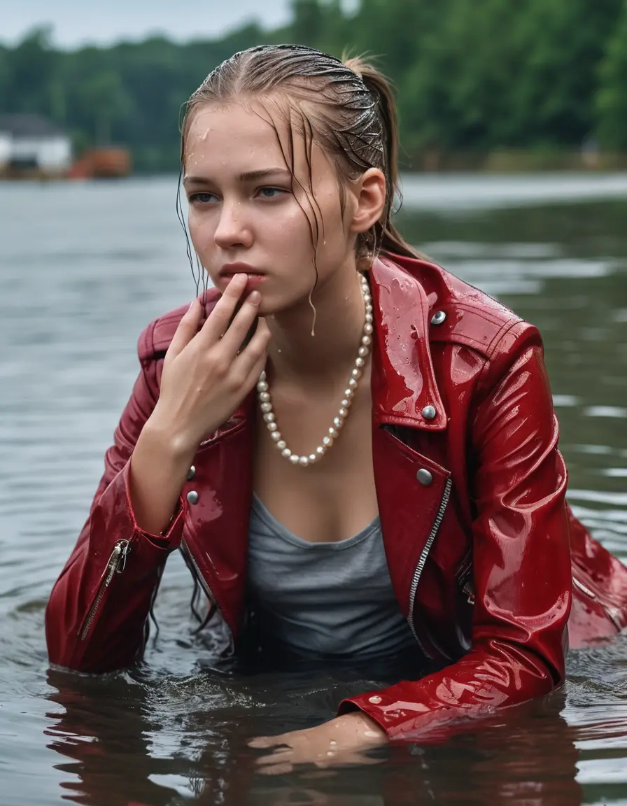 photo of young woman, in soaking wet, drenched clothes,
ankle boots, super skin tight white denim jeans, slim fit red biker leatherjacket,  tight sexy tshirt with wide necklace, handbag, pearl necklace, Fifteen years horny blonde teenage girl with her Friends holds her hand over her mouth and nose posing completely soaked deep submerged into water for a picture near a dock, 
enjoying, wet clothes stuck to body,
detailed textures of the wet clothes, wet face, wet plastered hair,
wet, drenched, professional, high-quality details, full body view.
sharp focus, ultra-high pixel detail, realistic, high-quality, full colors, incredibly detailed, 4k, 8k, 16k, hyper-realistic, RAW photo, masterpiece, ultra-detailed, professionally color graded, professional photograph, Fifteen years old, completely soaked, completely dripping wet from head to toe, very wet clothes, sleek ponytail, worried and embarrassed facial expression, slight yawn, moaning,  all girls wear different styles of clothes, she takes her handbag with her into the water, a lot of people stands in the background, close-up, view from above, highly realistic representation, ultra sharp focus, highly photorealistic detailed facial features and expressions, highly photorealistic hands, highly best quality, highly sharp photorealistic image, highly photorealistic details, highest photorealistic wet clothes, full UHD resolution, highest photorealistic sharpness of the image, 32 K
