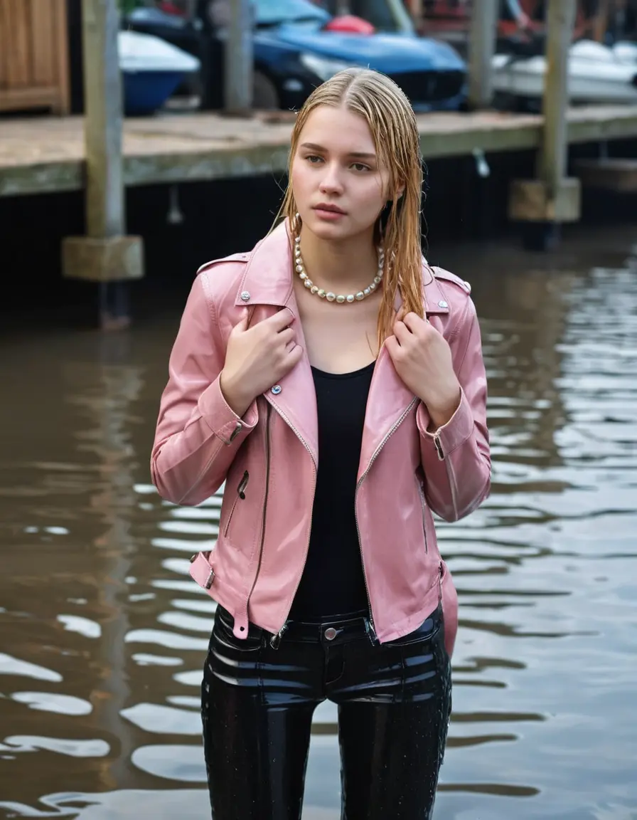 photo of young woman, in soaking wet, drenched clothes,
ankle boots, super skin tight light pink denim jeans, slim fit black biker leatherjacket,  tight sexy tshirt with wide necklace, handbag, pearl necklace, Fifteen years horny blonde teenage girl with her Friends holds her hand over her mouth and nose posing completely soaked deep submerged into water for a picture near a dock, 
enjoying, wet clothes stuck to body,
detailed textures of the wet clothes, wet face, wet plastered hair,
wet, drenched, professional, high-quality details, full body view.
sharp focus, ultra-high pixel detail, realistic, high-quality, full colors, incredibly detailed, 4k, 8k, 16k, hyper-realistic, RAW photo, masterpiece, ultra-detailed, professionally color graded, professional photograph, Fifteen years old, completely soaked, completely dripping wet from head to toe, very wet clothes, sleek long straight hair, worried and embarrassed facial expression, slight yawn, moaning,  all girls wear different styles of clothes, she takes her handbag with her into the water, a lot of people stands in the background, close-up, view from above, highly realistic representation, ultra sharp focus, highly photorealistic detailed facial features and expressions, highly photorealistic hands, highly best quality, highly sharp photorealistic image, highly photorealistic details, highest photorealistic wet clothes, full UHD resolution, highest photorealistic sharpness of the image, 32 K