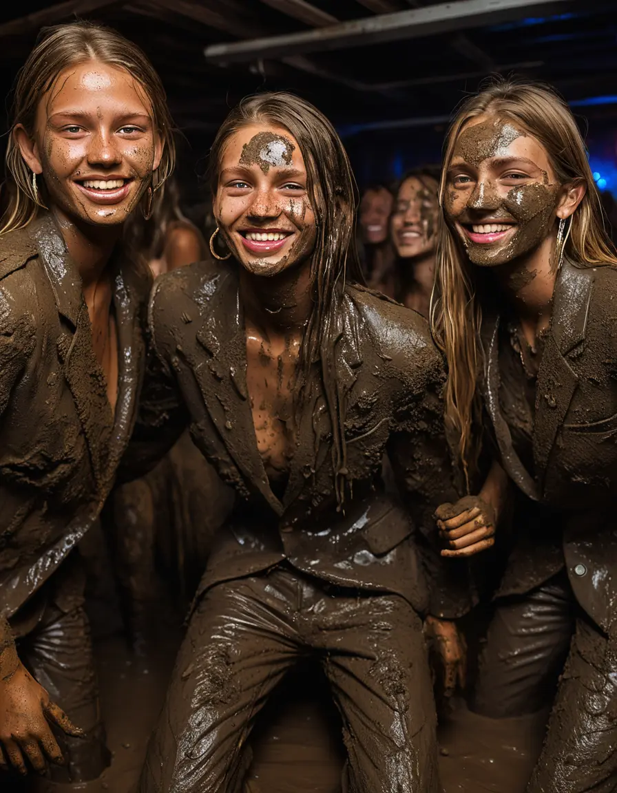 photo of young woman, in soaking wet, drenched clothes,
Muddy high heels, Long very muddy suit pants, Full muddy ruined fully-opened unbuttoned blazer like a fancy uniform over topless exposed small boobs., Dark muddy indoor disco club at night. Deep mud on the floor, mud splashed walls, dripping mud from above, very dark mood lighting with pink and blue neon lights from above. Muddy chairs and sofas in the background. , 
enjoying, wet clothes stuck to body,
detailed textures of the wet clothes, wet face, wet plastered hair,
wet, drenched, professional, high-quality details, full body view.
sharp focus, ultra-high pixel detail, realistic, high-quality, full colors, incredibly detailed, 4k, 8k, 16k, hyper-realistic, RAW photo, masterpiece, ultra-detailed, professionally color graded, professional photograph, Four very young-looking pretty cute innocent blonde teen 16 years old beautiful girls are bathing together in deep muddy pool after a full dip in mud pool and holding a glass of champagne in their hands during the crazy muddy indoor crowded disco party at night and posing for a professional photo. They are proudly wearing their fully and heavily mud-covered unbuttoned and opened suits over their exposed muddy topless small boobs. Thick mud on their blazers and pants. Every small details of the clothes are muddy, muddy beautiful faces, muddy chests and boobs. Their blazer has the same colour as their muddy pants. There are small group of similar muddy clubbing teen girls in the near background. The classy elegant disco club is totally destroyed by mud, mud spots everywhere, mud flows down on the walls, mud on the furnitures in the background. Straight very long open wavy hairstyle, muddy hair, smiling and beautiful muddy faces, blue eyes, earrings, lipstick. The girls are enjoying to being total muddy in the muddy pool, being sexy, naughty while they are enjoying the muddy fetish party. Realistic muddy boobs and photorealistic detailed smiling facial expressions. Intimate close-up picture about the girls from side viewpoint. Close-up photo, highly realistic representation, ultra sharp focus, highly photorealistic detailed textures, highly photorealistic detailed facial features and expressions, highly photorealistic hands, highly emotional reactions, highly best quality, highly sharp photorealistic image, highly photorealistic details, full UHD resolution, 32 K, very high level of detail and image sharpness, zoomed in