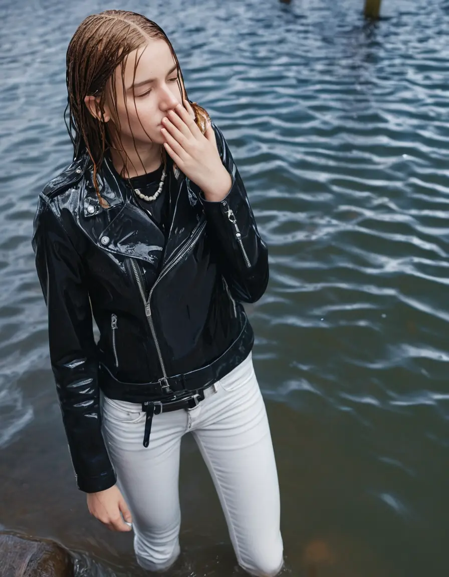 photo of young woman, in soaking wet, drenched clothes,
ankle boots, super skin tight white denim jeans, slim fit black biker leatherjacket,  tight sexy tshirt with wide necklace, handbag, pearl necklace, Fifteen years horny blonde teenage girl with her Friends holds her hand over her mouth and nose posing completely soaked deep submerged into water for a picture near a dock, 
enjoying, wet clothes stuck to body,
detailed textures of the wet clothes, wet face, wet plastered hair,
wet, drenched, professional, high-quality details, full body view.
sharp focus, ultra-high pixel detail, realistic, high-quality, full colors, incredibly detailed, 4k, 8k, 16k, hyper-realistic, RAW photo, masterpiece, ultra-detailed, professionally color graded, professional photograph, Fifteen years old, completely soaked, completely dripping wet from head to toe, very wet clothes, sleek long straight hair, worried and embarrassed facial expression, slight yawn, moaning,  all girls wear different styles of clothes, she takes her handbag with her into the water, a lot of people stands in the background, close-up, view from above, highly realistic representation, ultra sharp focus, highly photorealistic detailed facial features and expressions, highly photorealistic hands, highly best quality, highly sharp photorealistic image, highly photorealistic details, highest photorealistic wet clothes, full UHD resolution, highest photorealistic sharpness of the image, 32 K