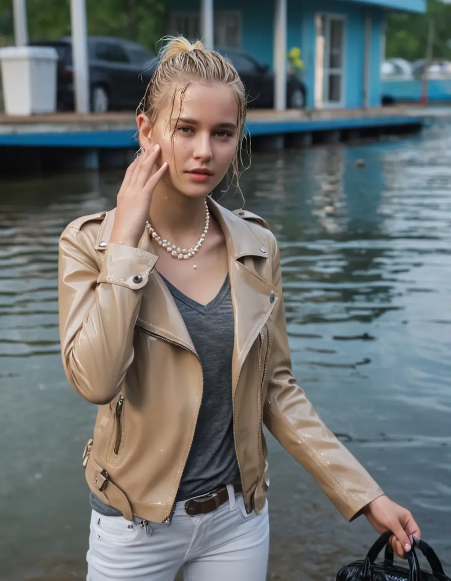photo of young woman, in soaking wet, drenched clothes,
ankle boots, super skin tight white denim jeans, slim fit light beige biker leatherjacket,  tight sexy tshirt with wide necklace, handbag, pearl necklace, Fifteen years horny blonde teenage girl with her Friends holds her hand over her mouth and nose posing completely soaked deep submerged into water for a picture near a dock, 
enjoying, wet clothes stuck to body,
detailed textures of the wet clothes, wet face, wet plastered hair,
wet, drenched, professional, high-quality details, full body view.
sharp focus, ultra-high pixel detail, realistic, high-quality, full colors, incredibly detailed, 4k, 8k, 16k, hyper-realistic, RAW photo, masterpiece, ultra-detailed, professionally color graded, professional photograph, Fifteen years old, completely soaked, completely dripping wet from head to toe, very wet clothes, sleek ponytail, worried and embarrassed facial expression, slight yawn, moaning,  all girls wear different styles of clothes, she takes her handbag with her into the water, a lot of people stands in the background, close-up, view from above, highly realistic representation, ultra sharp focus, highly photorealistic detailed facial features and expressions, highly photorealistic hands, highly best quality, highly sharp photorealistic image, highly photorealistic details, highest photorealistic wet clothes, full UHD resolution, highest photorealistic sharpness of the image, 32 K