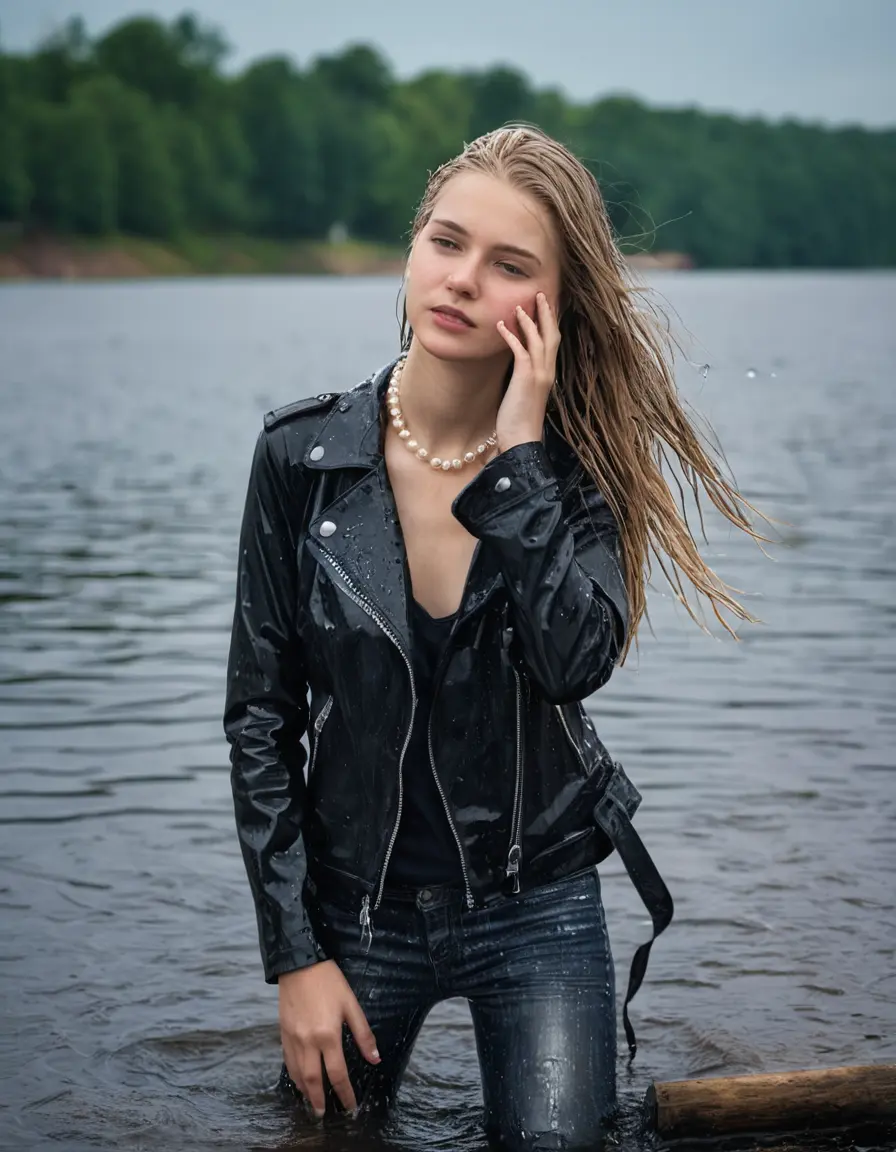 photo of young woman, in soaking wet, drenched clothes,
ankle boots, super skin tight white denim jeans, slim fit black biker leatherjacket,  tight sexy tshirt with wide necklace, handbag, pearl necklace, Fifteen years horny blonde teenage girl with her Friends holds her hand over her mouth and nose posing completely soaked deep submerged into water for a picture near a dock, 
enjoying, wet clothes stuck to body,
detailed textures of the wet clothes, wet face, wet plastered hair,
wet, drenched, professional, high-quality details, full body view.
sharp focus, ultra-high pixel detail, realistic, high-quality, full colors, incredibly detailed, 4k, 8k, 16k, hyper-realistic, RAW photo, masterpiece, ultra-detailed, professionally color graded, professional photograph, Fifteen years old, completely soaked, completely dripping wet from head to toe, very wet clothes, sleek long straight hair, worried and embarrassed facial expression, slight yawn, moaning,  all girls wear different styles of clothes, she takes her handbag with her into the water, a lot of people stands in the background, close-up, view from above, highly realistic representation, ultra sharp focus, highly photorealistic detailed facial features and expressions, highly photorealistic hands, highly best quality, highly sharp photorealistic image, highly photorealistic details, highest photorealistic wet clothes, full UHD resolution, highest photorealistic sharpness of the image, 32 K