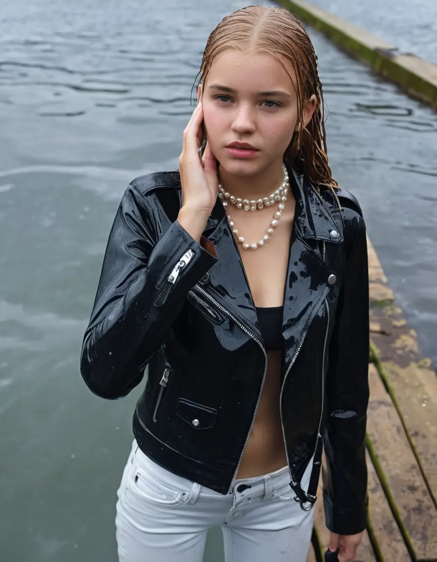 photo of young woman, in soaking wet, drenched clothes,
ankle boots, super skin tight white denim jeans, slim fit black biker leatherjacket,  tight sexy tshirt with wide necklace, handbag, pearl necklace, Fifteen years horny blonde teenage girl with her Friends holds her hand over her mouth and nose posing completely soaked deep submerged into water for a picture near a dock, 
enjoying, wet clothes stuck to body,
detailed textures of the wet clothes, wet face, wet plastered hair,
wet, drenched, professional, high-quality details, full body view.
sharp focus, ultra-high pixel detail, realistic, high-quality, full colors, incredibly detailed, 4k, 8k, 16k, hyper-realistic, RAW photo, masterpiece, ultra-detailed, professionally color graded, professional photograph, Fifteen years old, completely soaked, completely dripping wet from head to toe, very wet clothes, sleek long straight hair, worried and embarrassed facial expression, slight yawn, moaning,  all girls wear different styles of clothes, she takes her handbag with her into the water, a lot of people stands in the background, close-up, view from above, highly realistic representation, ultra sharp focus, highly photorealistic detailed facial features and expressions, highly photorealistic hands, highly best quality, highly sharp photorealistic image, highly photorealistic details, highest photorealistic wet clothes, full UHD resolution, highest photorealistic sharpness of the image, 32 K