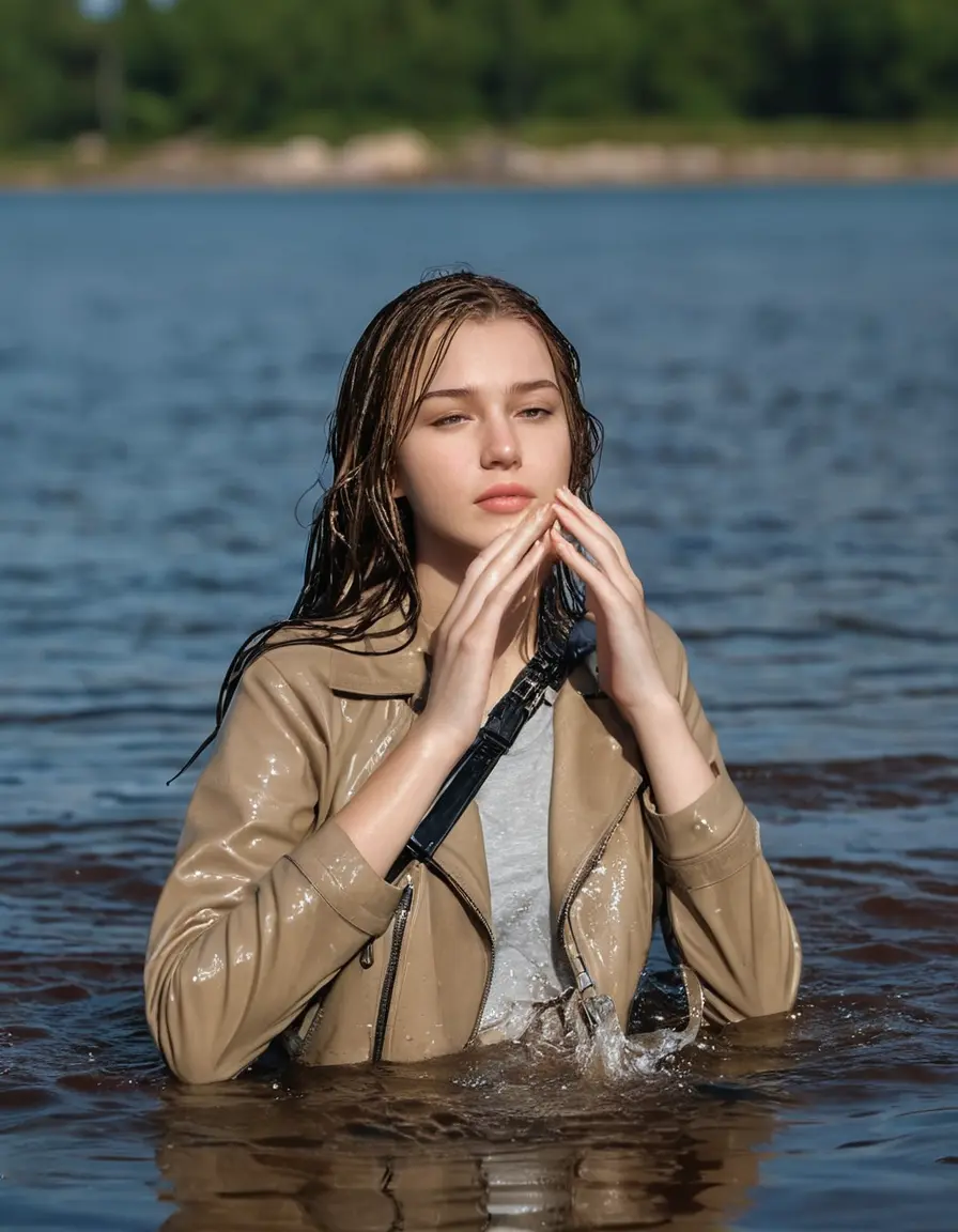 photo of young woman, in soaking wet, drenched clothes,
ankle boots, super skin tight white denim jeans, slim fit light beige biker leatherjacket,  tight sexy tshirt with wide necklace, handbag, pearl necklace, Fifteen years horny blonde teenage girl with her Friends holds her hand over her mouth and nose posing completely soaked deep submerged into water for a picture near a dock, 
enjoying, wet clothes stuck to body,
detailed textures of the wet clothes, wet face, wet plastered hair,
wet, drenched, professional, high-quality details, full body view.
sharp focus, ultra-high pixel detail, realistic, high-quality, full colors, incredibly detailed, 4k, 8k, 16k, hyper-realistic, RAW photo, masterpiece, ultra-detailed, professionally color graded, professional photograph, Fifteen years old, completely soaked, completely dripping wet from head to toe, very wet clothes, sleek long straight hair, undone look, worried and embarrassed facial expression, slight yawn, moaning,  all girls wear different styles of clothes, she takes her handbag with her into the water, a lot of people stands in the background, close-up, view from above, highly realistic representation, ultra sharp focus, highly photorealistic detailed facial features and expressions, highly photorealistic hands, highly best quality, highly sharp photorealistic image, highly photorealistic details, highest photorealistic wet clothes, full UHD resolution, highest photorealistic sharpness of the image, 32 K