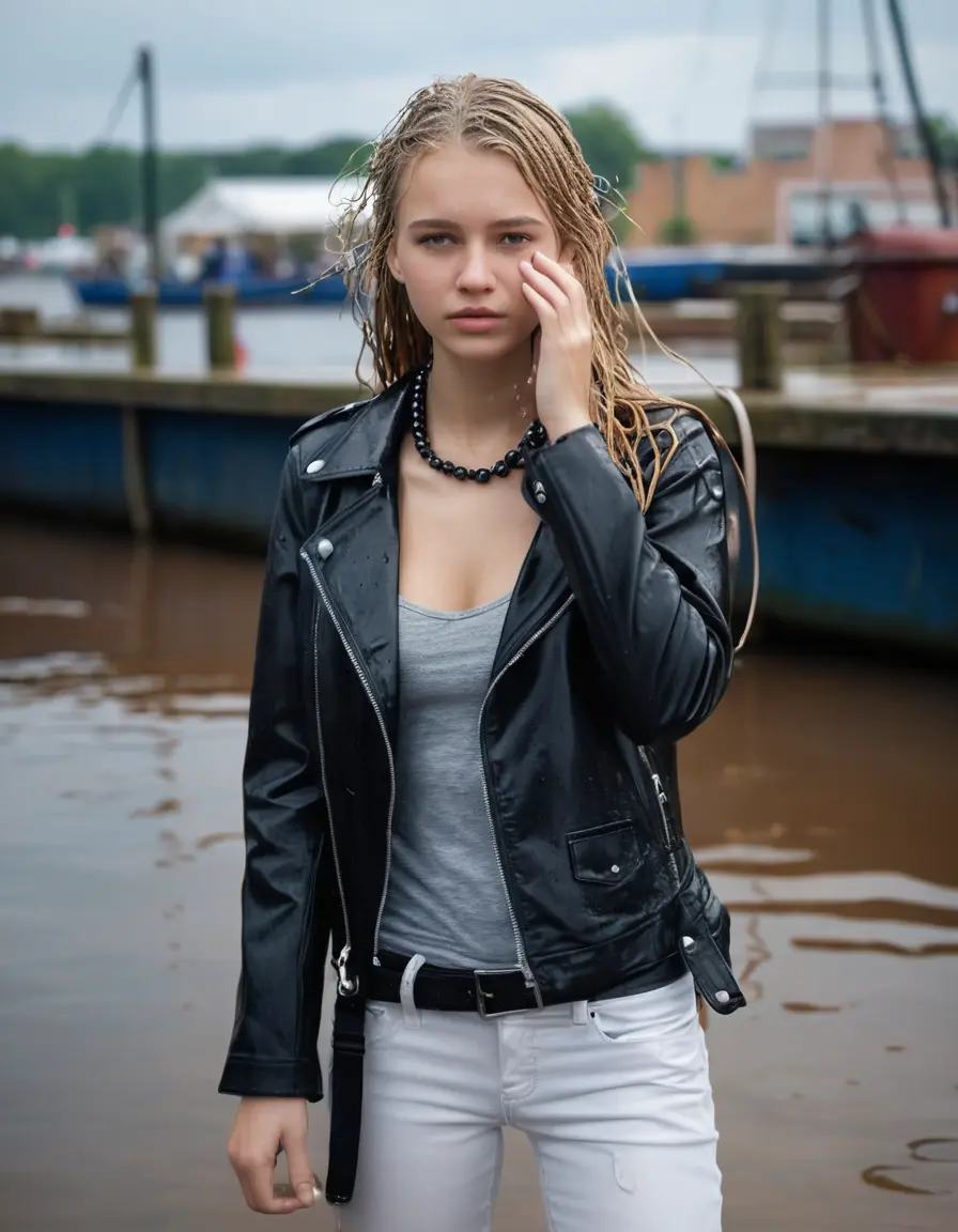 photo of young woman, in soaking wet, drenched clothes,
ankle boots, super skin tight white denim jeans, slim fit black biker leatherjacket,  tight sexy tshirt with wide necklace, handbag, pearl necklace, Fifteen years horny blonde teenage girl with her Friends holds her hand over her mouth and nose posing completely soaked deep submerged into water for a picture near a dock, 
enjoying, wet clothes stuck to body,
detailed textures of the wet clothes, wet face, wet plastered hair,
wet, drenched, professional, high-quality details, full body view.
sharp focus, ultra-high pixel detail, realistic, high-quality, full colors, incredibly detailed, 4k, 8k, 16k, hyper-realistic, RAW photo, masterpiece, ultra-detailed, professionally color graded, professional photograph, Fifteen years old, completely soaked, completely dripping wet from head to toe, very wet clothes, sleek long straight hair, worried and embarrassed facial expression, slight yawn, moaning,  all girls wear different styles of clothes, she takes her handbag with her into the water, a lot of people stands in the background, close-up, view from above, highly realistic representation, ultra sharp focus, highly photorealistic detailed facial features and expressions, highly photorealistic hands, highly best quality, highly sharp photorealistic image, highly photorealistic details, highest photorealistic wet clothes, full UHD resolution, highest photorealistic sharpness of the image, 32 K