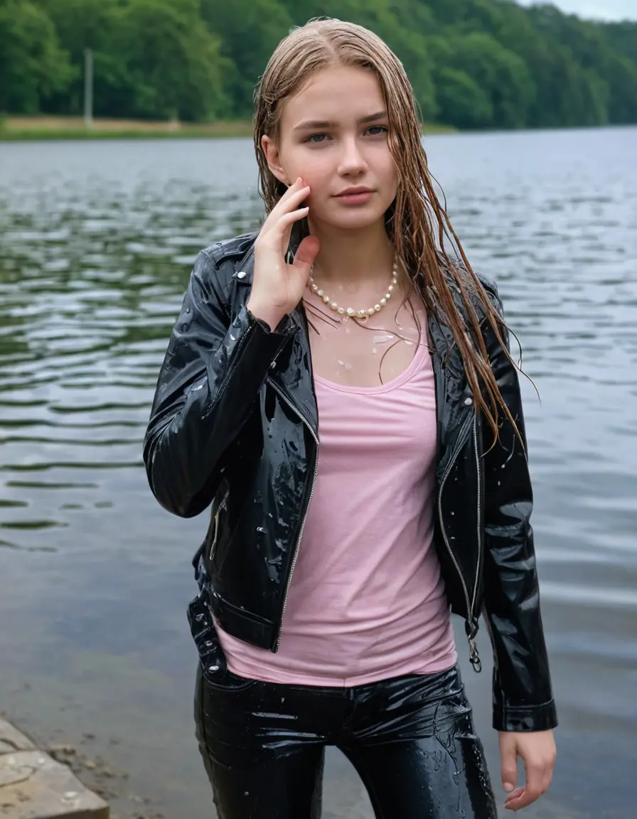 photo of young woman, in soaking wet, drenched clothes,
ankle boots, super skin tight light pink denim jeans, slim fit black biker leatherjacket,  tight sexy tshirt with wide necklace, handbag, pearl necklace, Fifteen years horny blonde teenage girl with her Friends holds her hand over her mouth and nose posing completely soaked deep submerged into water for a picture near a dock, 
enjoying, wet clothes stuck to body,
detailed textures of the wet clothes, wet face, wet plastered hair,
wet, drenched, professional, high-quality details, full body view.
sharp focus, ultra-high pixel detail, realistic, high-quality, full colors, incredibly detailed, 4k, 8k, 16k, hyper-realistic, RAW photo, masterpiece, ultra-detailed, professionally color graded, professional photograph, Fifteen years old, completely soaked, completely dripping wet from head to toe, very wet clothes, sleek long straight hair, worried and embarrassed facial expression, slight yawn, moaning,  all girls wear different styles of clothes, she takes her handbag with her into the water, a lot of people stands in the background, close-up, view from above, highly realistic representation, ultra sharp focus, highly photorealistic detailed facial features and expressions, highly photorealistic hands, highly best quality, highly sharp photorealistic image, highly photorealistic details, highest photorealistic wet clothes, full UHD resolution, highest photorealistic sharpness of the image, 32 K