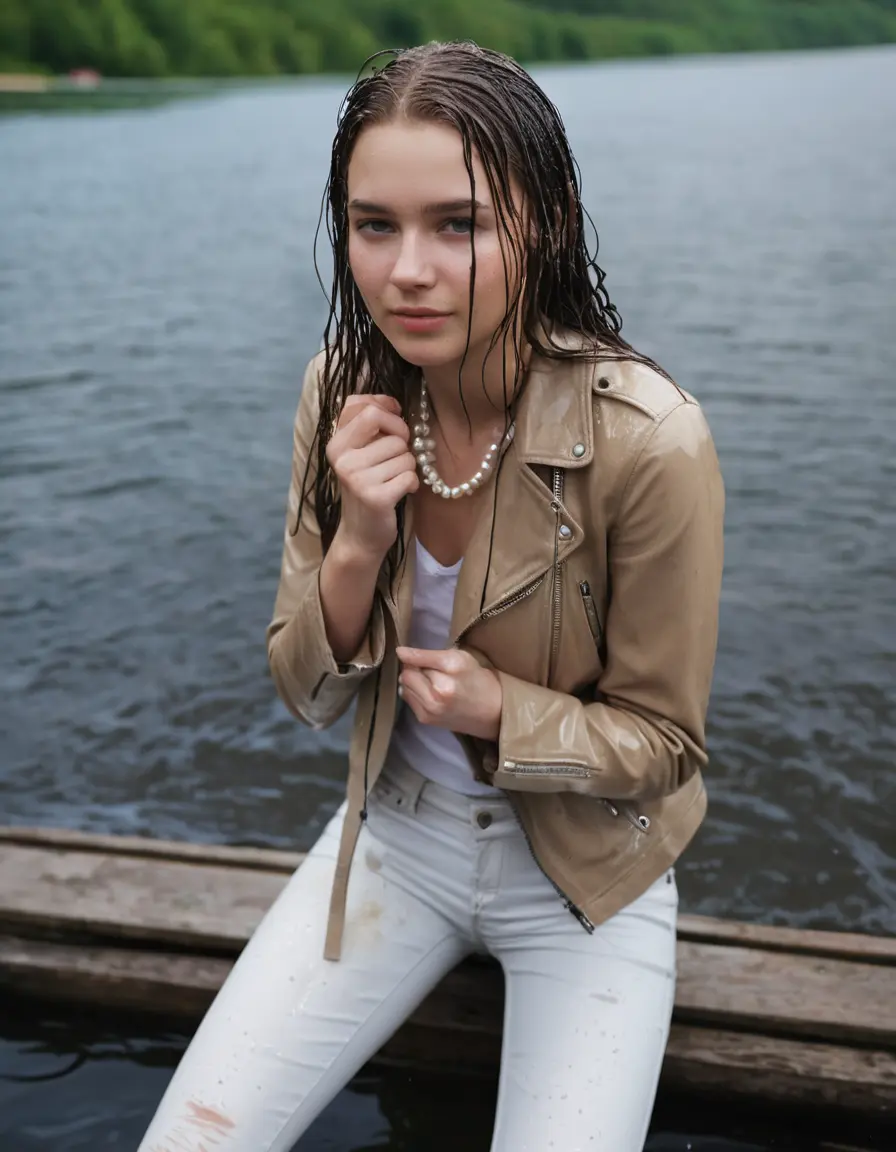 photo of young woman, in soaking wet, drenched clothes,
ankle boots, super skin tight white denim jeans, slim fit light beige biker leatherjacket,  tight sexy tshirt with wide necklace, handbag, pearl necklace, Fifteen years horny blonde teenage girl with her Friends holds her hand over her mouth and nose posing completely soaked deep submerged into water for a picture near a dock, 
enjoying, wet clothes stuck to body,
detailed textures of the wet clothes, wet face, wet plastered hair,
wet, drenched, professional, high-quality details, full body view.
sharp focus, ultra-high pixel detail, realistic, high-quality, full colors, incredibly detailed, 4k, 8k, 16k, hyper-realistic, RAW photo, masterpiece, ultra-detailed, professionally color graded, professional photograph, Fifteen years old, completely soaked, completely dripping wet from head to toe, very wet clothes, sleek long straight hair, undone look, worried and embarrassed facial expression, slight yawn, moaning,  all girls wear different styles of clothes, she takes her handbag with her into the water, a lot of people stands in the background, close-up, view from above, highly realistic representation, ultra sharp focus, highly photorealistic detailed facial features and expressions, highly photorealistic hands, highly best quality, highly sharp photorealistic image, highly photorealistic details, highest photorealistic wet clothes, full UHD resolution, highest photorealistic sharpness of the image, 32 K