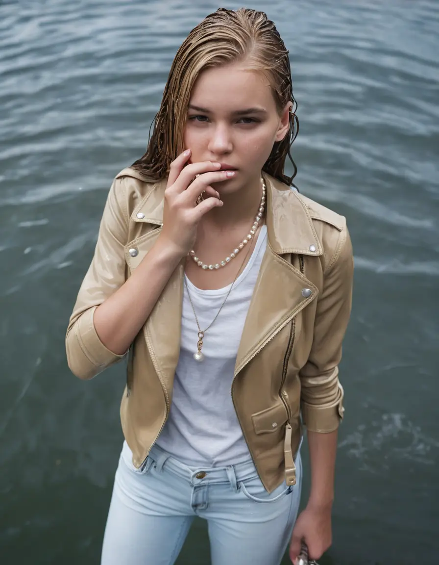 photo of young woman, in soaking wet, drenched clothes,
ankle boots, super skin tight white denim jeans, slim fit light beige biker leatherjacket,  tight sexy tshirt with wide necklace, handbag, pearl necklace, Fifteen years horny blonde teenage girl with her Friends holds her hand over her mouth and nose posing completely soaked deep submerged into water for a picture near a dock, 
enjoying, wet clothes stuck to body,
detailed textures of the wet clothes, wet face, wet plastered hair,
wet, drenched, professional, high-quality details, full body view.
sharp focus, ultra-high pixel detail, realistic, high-quality, full colors, incredibly detailed, 4k, 8k, 16k, hyper-realistic, RAW photo, masterpiece, ultra-detailed, professionally color graded, professional photograph, Fifteen years old, completely soaked, completely dripping wet from head to toe, very wet clothes, sleek long straight hair, undone look, worried and embarrassed facial expression, slight yawn, moaning,  all girls wear different styles of clothes, she takes her handbag with her into the water, a lot of people stands in the background, close-up, view from above, highly realistic representation, ultra sharp focus, highly photorealistic detailed facial features and expressions, highly photorealistic hands, highly best quality, highly sharp photorealistic image, highly photorealistic details, highest photorealistic wet clothes, full UHD resolution, highest photorealistic sharpness of the image, 32 K