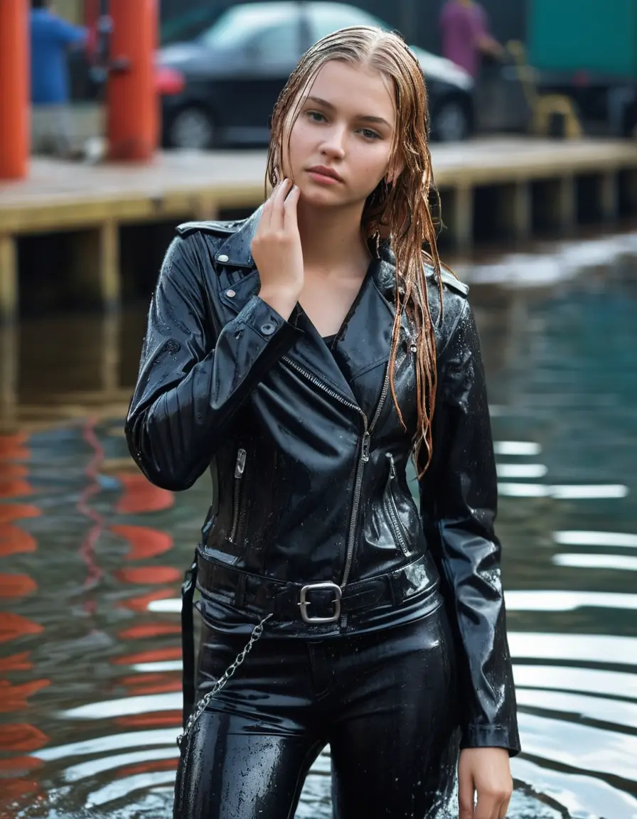 photo of young woman, in soaking wet, drenched clothes,
ankle boots, super skin tight black leatherlegging , slim fit black biker leatherjacket,  tight sexy tshirt with wide necklace, handbag, pearl necklace, Fifteen years horny blonde teenage girl with her Friends holds her hand over her mouth and nose posing completely soaked deep submerged into water for a picture near a dock, 
enjoying, wet clothes stuck to body,
detailed textures of the wet clothes, wet face, wet plastered hair,
wet, drenched, professional, high-quality details, full body view.
sharp focus, ultra-high pixel detail, realistic, high-quality, full colors, incredibly detailed, 4k, 8k, 16k, hyper-realistic, RAW photo, masterpiece, ultra-detailed, professionally color graded, professional photograph, Fifteen years old, completely soaked, completely dripping wet from head to toe, very wet clothes, sleek long straight hair, worried and embarrassed facial expression, slight yawn, moaning,  all girls wear different styles of clothes, she takes her handbag with her into the water, a lot of people stands in the background, close-up, view from above, highly realistic representation, ultra sharp focus, highly photorealistic detailed facial features and expressions, highly photorealistic hands, highly best quality, highly sharp photorealistic image, highly photorealistic details, highest photorealistic wet clothes, full UHD resolution, highest photorealistic sharpness of the image, 32 K