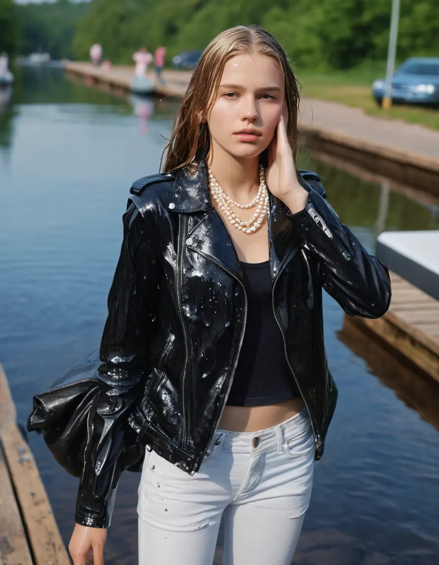 photo of young woman, in soaking wet, drenched clothes,
ankle boots, super skin tight white denim jeans, slim fit black biker leatherjacket,  tight sexy tshirt with wide necklace, handbag, pearl necklace, Fifteen years horny blonde teenage girl with her Friends holds her hand over her mouth and nose posing completely soaked deep submerged into water for a picture near a dock, 
enjoying, wet clothes stuck to body,
detailed textures of the wet clothes, wet face, wet plastered hair,
wet, drenched, professional, high-quality details, full body view.
sharp focus, ultra-high pixel detail, realistic, high-quality, full colors, incredibly detailed, 4k, 8k, 16k, hyper-realistic, RAW photo, masterpiece, ultra-detailed, professionally color graded, professional photograph, Fifteen years old, completely soaked, completely dripping wet from head to toe, very wet clothes, sleek long straight hair, worried and embarrassed facial expression, slight yawn, moaning,  all girls wear different styles of clothes, she takes her handbag with her into the water, a lot of people stands in the background, close-up, view from above, highly realistic representation, ultra sharp focus, highly photorealistic detailed facial features and expressions, highly photorealistic hands, highly best quality, highly sharp photorealistic image, highly photorealistic details, highest photorealistic wet clothes, full UHD resolution, highest photorealistic sharpness of the image, 32 K