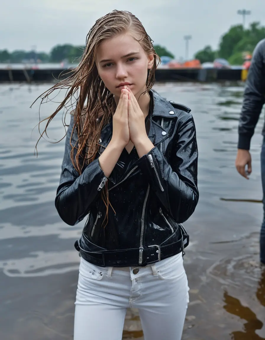 photo of young woman, in soaking wet, drenched clothes,
ankle boots, super skin tight white denim jeans, slim fit black biker leatherjacket,  tight sexy tshirt with wide necklace, handbag, pearl necklace, Fifteen years horny blonde teenage girl with her Friends holds her hand over her mouth and nose posing completely soaked deep submerged into water for a picture near a dock, 
enjoying, wet clothes stuck to body,
detailed textures of the wet clothes, wet face, wet plastered hair,
wet, drenched, professional, high-quality details, full body view.
sharp focus, ultra-high pixel detail, realistic, high-quality, full colors, incredibly detailed, 4k, 8k, 16k, hyper-realistic, RAW photo, masterpiece, ultra-detailed, professionally color graded, professional photograph, Fifteen years old, completely soaked, completely dripping wet from head to toe, very wet clothes, sleek long straight hair, worried and embarrassed facial expression, slight yawn, moaning,  all girls wear different styles of clothes, she takes her handbag with her into the water, a lot of people stands in the background, close-up, view from above, highly realistic representation, ultra sharp focus, highly photorealistic detailed facial features and expressions, highly photorealistic hands, highly best quality, highly sharp photorealistic image, highly photorealistic details, highest photorealistic wet clothes, full UHD resolution, highest photorealistic sharpness of the image, 32 K