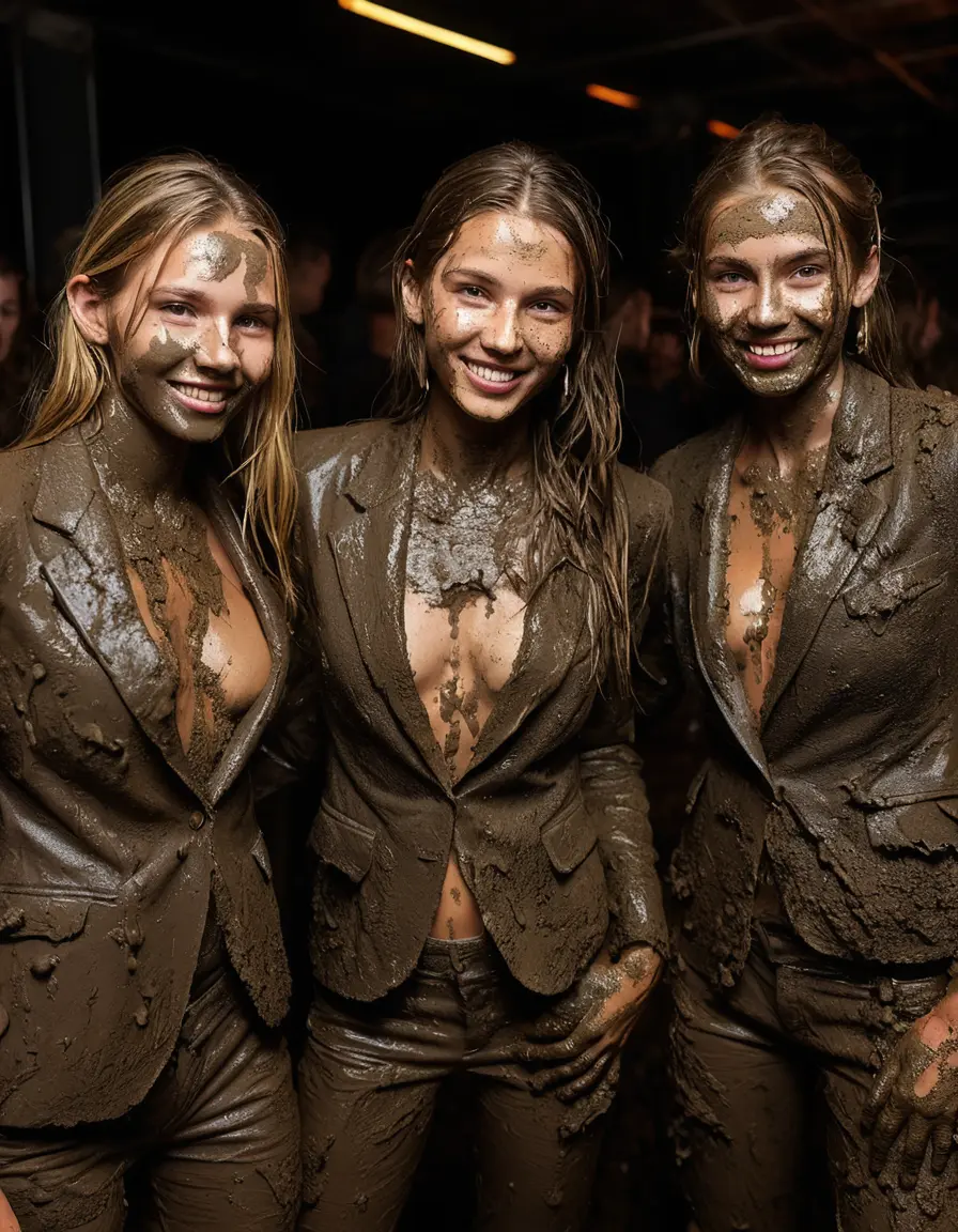 photo of young woman, in soaking wet, drenched clothes,
Muddy high heels, Long very muddy suit pants, Full muddy ruined fully-opened unbuttoned blazer like a fancy uniform over topless exposed small boobs., Dark muddy indoor disco club at night. Deep mud on the floor, mud splashed walls, dripping mud from above, very dark mood lighting with pink and blue neon lights from above. Muddy chairs and sofas in the background. , 
enjoying, wet clothes stuck to body,
detailed textures of the wet clothes, wet face, wet plastered hair,
wet, drenched, professional, high-quality details, full body view.
sharp focus, ultra-high pixel detail, realistic, high-quality, full colors, incredibly detailed, 4k, 8k, 16k, hyper-realistic, RAW photo, masterpiece, ultra-detailed, professionally color graded, professional photograph, Four very young-looking pretty cute innocent blonde teen 16 years old beautiful girls are bathing together in deep muddy pool after a full dip in mud pool and holding a glass of champagne in their hands during the crazy muddy indoor crowded disco party at night and posing for a professional photo. They are proudly wearing their fully and heavily mud-covered unbuttoned and opened suits over their exposed muddy topless small boobs. Thick mud on their blazers and pants. Every small details of the clothes are muddy, muddy beautiful faces, muddy chests and boobs. Their blazer has the same colour as their muddy pants. There are small group of similar muddy clubbing teen girls in the near background. The classy elegant disco club is totally destroyed by mud, mud spots everywhere, mud flows down on the walls, mud on the furnitures in the background. Straight very long open wavy hairstyle, muddy hair, smiling and beautiful muddy faces, blue eyes, earrings, lipstick. The girls are enjoying to being total muddy in the muddy pool, being sexy, naughty while they are enjoying the muddy fetish party. Realistic muddy boobs and photorealistic detailed smiling facial expressions. Intimate close-up picture about the girls from side viewpoint. Close-up photo, highly realistic representation, ultra sharp focus, highly photorealistic detailed textures, highly photorealistic detailed facial features and expressions, highly photorealistic hands, highly emotional reactions, highly best quality, highly sharp photorealistic image, highly photorealistic details, full UHD resolution, 32 K, very high level of detail and image sharpness, zoomed in