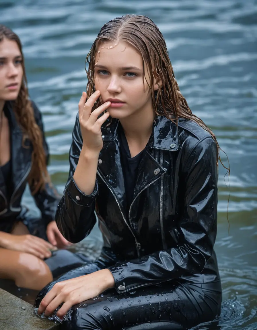 photo of young woman, in soaking wet, drenched clothes,
ankle boots, super skin tight black leatherlegging , slim fit black biker leatherjacket,  tight sexy tshirt with wide necklace, handbag, pearl necklace, Fifteen years horny blonde teenage girl with her Friends holds her hand over her mouth and nose posing completely soaked deep submerged into water for a picture near a dock, 
enjoying, wet clothes stuck to body,
detailed textures of the wet clothes, wet face, wet plastered hair,
wet, drenched, professional, high-quality details, full body view.
sharp focus, ultra-high pixel detail, realistic, high-quality, full colors, incredibly detailed, 4k, 8k, 16k, hyper-realistic, RAW photo, masterpiece, ultra-detailed, professionally color graded, professional photograph, Fifteen years old, completely soaked, completely dripping wet from head to toe, very wet clothes, sleek long straight hair, worried and embarrassed facial expression, slight yawn, moaning,  all girls wear different styles of clothes, she takes her handbag with her into the water, a lot of people stands in the background, close-up, view from above, highly realistic representation, ultra sharp focus, highly photorealistic detailed facial features and expressions, highly photorealistic hands, highly best quality, highly sharp photorealistic image, highly photorealistic details, highest photorealistic wet clothes, full UHD resolution, highest photorealistic sharpness of the image, 32 K