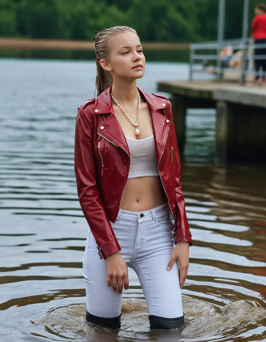 photo of young woman, in soaking wet, drenched clothes,
ankle boots, super skin tight white denim jeans, slim fit red biker leatherjacket,  tight sexy tshirt with wide necklace, handbag, pearl necklace, Fifteen years horny blonde teenage girl with her Friends holds her hand over her mouth and nose wrings out her wet clothes deep submerged into water for a picture near a dock, 
enjoying, wet clothes stuck to body,
detailed textures of the wet clothes, wet face, wet plastered hair,
wet, drenched, professional, high-quality details, full body view.
sharp focus, ultra-high pixel detail, realistic, high-quality, full colors, incredibly detailed, 4k, 8k, 16k, hyper-realistic, RAW photo, masterpiece, ultra-detailed, professionally color graded, professional photograph, Fifteen years old, completely soaked, completely dripping wet from head to toe, very wet clothes, sleek ponytail, worried and embarrassed facial expression, slight yawn, moaning,  all girls wear different styles of clothes, she takes her handbag with her into the water, a lot of people stands in the background, close-up, view from above, highly realistic representation, ultra sharp focus, highly photorealistic detailed facial features and expressions, highly photorealistic hands, highly best quality, highly sharp photorealistic image, highly photorealistic details, highest photorealistic wet clothes, full UHD resolution, highest photorealistic sharpness of the image, 32 K
