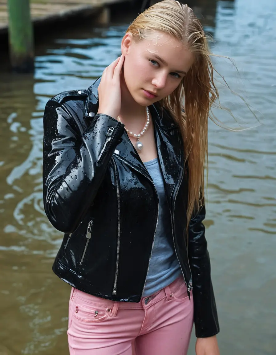 photo of young woman, in soaking wet, drenched clothes,
ankle boots, super skin tight light pink denim jeans, slim fit black biker leatherjacket,  tight sexy tshirt with wide necklace, handbag, pearl necklace, Fifteen years horny blonde teenage girl with her Friends holds her hand over her mouth and nose posing completely soaked deep submerged into water for a picture near a dock, 
enjoying, wet clothes stuck to body,
detailed textures of the wet clothes, wet face, wet plastered hair,
wet, drenched, professional, high-quality details, full body view.
sharp focus, ultra-high pixel detail, realistic, high-quality, full colors, incredibly detailed, 4k, 8k, 16k, hyper-realistic, RAW photo, masterpiece, ultra-detailed, professionally color graded, professional photograph, Fifteen years old, completely soaked, completely dripping wet from head to toe, very wet clothes, sleek long straight hair, worried and embarrassed facial expression, slight yawn, moaning,  all girls wear different styles of clothes, she takes her handbag with her into the water, a lot of people stands in the background, close-up, view from above, highly realistic representation, ultra sharp focus, highly photorealistic detailed facial features and expressions, highly photorealistic hands, highly best quality, highly sharp photorealistic image, highly photorealistic details, highest photorealistic wet clothes, full UHD resolution, highest photorealistic sharpness of the image, 32 K