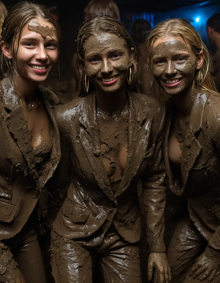 photo of young woman, in soaking wet, drenched clothes,
Muddy high heels, Long very muddy suit pants, Full muddy ruined fully-opened unbuttoned blazer like a fancy uniform over topless exposed small boobs., Dark muddy indoor disco club at night. Deep mud on the floor, mud splashed walls, dripping mud from above, very dark mood lighting with pink and blue neon lights from above. Muddy chairs and sofas in the background. , 
enjoying, wet clothes stuck to body,
detailed textures of the wet clothes, wet face, wet plastered hair,
wet, drenched, professional, high-quality details, full body view.
sharp focus, ultra-high pixel detail, realistic, high-quality, full colors, incredibly detailed, 4k, 8k, 16k, hyper-realistic, RAW photo, masterpiece, ultra-detailed, professionally color graded, professional photograph, Four very young-looking pretty cute innocent blonde teen 16 years old beautiful girls are bathing together in deep muddy pool after a full dip in mud pool and holding a glass of champagne in their hands during the crazy muddy indoor crowded disco party at night and posing for a professional photo. They are proudly wearing their fully and heavily mud-covered unbuttoned and opened suits over their exposed muddy topless small boobs. Thick mud on their blazers and pants. Every small details of the clothes are muddy, muddy beautiful faces, muddy chests and boobs. Their blazer has the same colour as their muddy pants. There are small group of similar muddy clubbing teen girls in the near background. The classy elegant disco club is totally destroyed by mud, mud spots everywhere, mud flows down on the walls, mud on the furnitures in the background. Straight very long open wavy hairstyle, muddy hair, smiling and beautiful muddy faces, blue eyes, earrings, lipstick. The girls are enjoying to being total muddy in the muddy pool, being sexy, naughty while they are enjoying the muddy fetish party. Realistic muddy boobs and photorealistic detailed smiling facial expressions. Intimate close-up picture about the girls from side viewpoint. Close-up photo, highly realistic representation, ultra sharp focus, highly photorealistic detailed textures, highly photorealistic detailed facial features and expressions, highly photorealistic hands, highly emotional reactions, highly best quality, highly sharp photorealistic image, highly photorealistic details, full UHD resolution, 32 K, very high level of detail and image sharpness, zoomed in