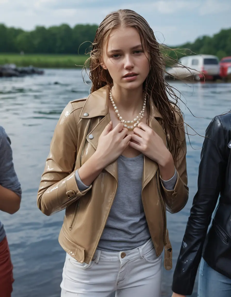 photo of young woman, in soaking wet, drenched clothes,
ankle boots, super skin tight white denim jeans, slim fit light beige biker leatherjacket,  tight sexy tshirt with wide necklace, handbag, pearl necklace, Fifteen years horny blonde teenage girl with her Friends holds her hand over her mouth and nose posing completely soaked deep submerged into water for a picture near a dock, 
enjoying, wet clothes stuck to body,
detailed textures of the wet clothes, wet face, wet plastered hair,
wet, drenched, professional, high-quality details, full body view.
sharp focus, ultra-high pixel detail, realistic, high-quality, full colors, incredibly detailed, 4k, 8k, 16k, hyper-realistic, RAW photo, masterpiece, ultra-detailed, professionally color graded, professional photograph, Fifteen years old, completely soaked, completely dripping wet from head to toe, very wet clothes, sleek long straight hair, undone look, worried and embarrassed facial expression, slight yawn, moaning,  all girls wear different styles of clothes, she takes her handbag with her into the water, a lot of people stands in the background, close-up, view from above, highly realistic representation, ultra sharp focus, highly photorealistic detailed facial features and expressions, highly photorealistic hands, highly best quality, highly sharp photorealistic image, highly photorealistic details, highest photorealistic wet clothes, full UHD resolution, highest photorealistic sharpness of the image, 32 K