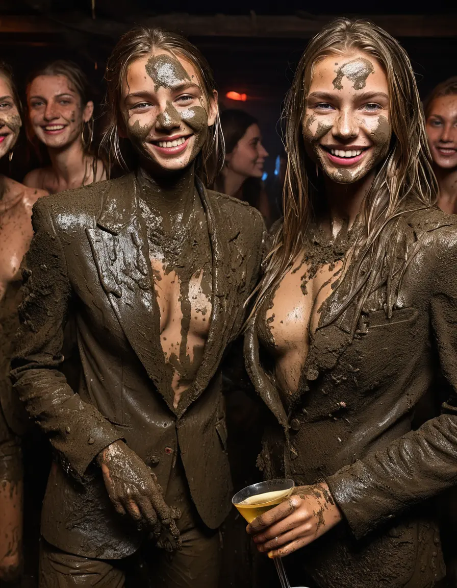 photo of young woman, in soaking wet, drenched clothes,
Muddy high heels, Long very muddy suit pants, Full muddy ruined fully-opened unbuttoned blazer like a fancy uniform over topless exposed small boobs., Dark muddy indoor disco club at night. Deep mud on the floor, mud splashed walls, dripping mud from above, very dark mood lighting with pink and blue neon lights from above. Muddy chairs and sofas in the background. , 
enjoying, wet clothes stuck to body,
detailed textures of the wet clothes, wet face, wet plastered hair,
wet, drenched, professional, high-quality details, full body view.
sharp focus, ultra-high pixel detail, realistic, high-quality, full colors, incredibly detailed, 4k, 8k, 16k, hyper-realistic, RAW photo, masterpiece, ultra-detailed, professionally color graded, professional photograph, Four very young-looking pretty cute innocent blonde teen 16 years old beautiful girls are bathing together in deep muddy pool after a full dip in mud pool and holding a glass of champagne in their hands during the crazy muddy indoor crowded disco party at night and posing for a professional photo. They are proudly wearing their fully and heavily mud-covered unbuttoned and opened suits over their exposed muddy topless small boobs. Thick mud on their blazers and pants. Every small details of the clothes are muddy, muddy beautiful faces, muddy chests and boobs. Their blazer has the same colour as their muddy pants. There are small group of similar muddy clubbing teen girls in the near background. The classy elegant disco club is totally destroyed by mud, mud spots everywhere, mud flows down on the walls, mud on the furnitures in the background. Straight very long open wavy hairstyle, muddy hair, smiling and beautiful muddy faces, blue eyes, earrings, lipstick. The girls are enjoying to being total muddy in the muddy pool, being sexy, naughty while they are enjoying the muddy fetish party. Realistic muddy boobs and photorealistic detailed smiling facial expressions. Intimate close-up picture about the girls from side viewpoint. Close-up photo, highly realistic representation, ultra sharp focus, highly photorealistic detailed textures, highly photorealistic detailed facial features and expressions, highly photorealistic hands, highly emotional reactions, highly best quality, highly sharp photorealistic image, highly photorealistic details, full UHD resolution, 32 K, very high level of detail and image sharpness, zoomed in