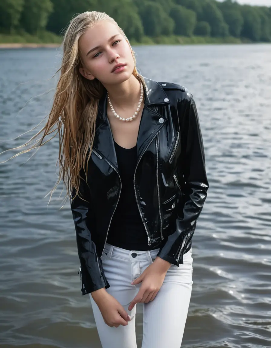 photo of young woman, in soaking wet, drenched clothes,
ankle boots, super skin tight white denim jeans, slim fit black biker leatherjacket,  tight sexy tshirt with wide necklace, handbag, pearl necklace, Fifteen years horny blonde teenage girl with her Friends holds her hand over her mouth and nose posing completely soaked deep submerged into water for a picture near a dock, 
enjoying, wet clothes stuck to body,
detailed textures of the wet clothes, wet face, wet plastered hair,
wet, drenched, professional, high-quality details, full body view.
sharp focus, ultra-high pixel detail, realistic, high-quality, full colors, incredibly detailed, 4k, 8k, 16k, hyper-realistic, RAW photo, masterpiece, ultra-detailed, professionally color graded, professional photograph, Fifteen years old, completely soaked, completely dripping wet from head to toe, very wet clothes, sleek long straight hair, worried and embarrassed facial expression, slight yawn, moaning,  all girls wear different styles of clothes, she takes her handbag with her into the water, a lot of people stands in the background, close-up, view from above, highly realistic representation, ultra sharp focus, highly photorealistic detailed facial features and expressions, highly photorealistic hands, highly best quality, highly sharp photorealistic image, highly photorealistic details, highest photorealistic wet clothes, full UHD resolution, highest photorealistic sharpness of the image, 32 K