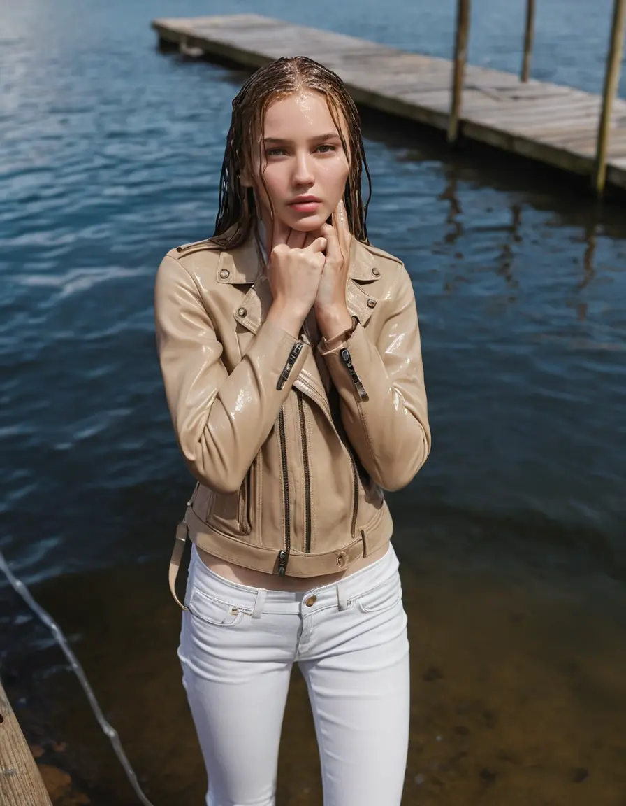photo of young woman, in soaking wet, drenched clothes,
ankle boots, super skin tight white denim jeans, slim fit light beige biker leatherjacket,  tight sexy tshirt with wide necklace, handbag, pearl necklace, Fifteen years horny blonde teenage girl with her Friends holds her hand over her mouth and nose posing completely soaked deep submerged into water for a picture near a dock, 
enjoying, wet clothes stuck to body,
detailed textures of the wet clothes, wet face, wet plastered hair,
wet, drenched, professional, high-quality details, full body view.
sharp focus, ultra-high pixel detail, realistic, high-quality, full colors, incredibly detailed, 4k, 8k, 16k, hyper-realistic, RAW photo, masterpiece, ultra-detailed, professionally color graded, professional photograph, Fifteen years old, completely soaked, completely dripping wet from head to toe, very wet clothes, sleek long straight hair, undone look, worried and embarrassed facial expression, slight yawn, moaning,  all girls wear different styles of clothes, she takes her handbag with her into the water, a lot of people stands in the background, close-up, view from above, highly realistic representation, ultra sharp focus, highly photorealistic detailed facial features and expressions, highly photorealistic hands, highly best quality, highly sharp photorealistic image, highly photorealistic details, highest photorealistic wet clothes, full UHD resolution, highest photorealistic sharpness of the image, 32 K