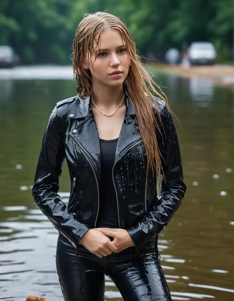 photo of young woman, in soaking wet, drenched clothes,
ankle boots, super skin tight black leatherlegging , slim fit black biker leatherjacket,  tight sexy tshirt with wide necklace, handbag, pearl necklace, Fifteen years horny blonde teenage girl with her Friends holds her hand over her mouth and nose posing completely soaked deep submerged into water for a picture near a dock, 
enjoying, wet clothes stuck to body,
detailed textures of the wet clothes, wet face, wet plastered hair,
wet, drenched, professional, high-quality details, full body view.
sharp focus, ultra-high pixel detail, realistic, high-quality, full colors, incredibly detailed, 4k, 8k, 16k, hyper-realistic, RAW photo, masterpiece, ultra-detailed, professionally color graded, professional photograph, Fifteen years old, completely soaked, completely dripping wet from head to toe, very wet clothes, sleek long straight hair, worried and embarrassed facial expression, slight yawn, moaning,  all girls wear different styles of clothes, she takes her handbag with her into the water, a lot of people stands in the background, close-up, view from above, highly realistic representation, ultra sharp focus, highly photorealistic detailed facial features and expressions, highly photorealistic hands, highly best quality, highly sharp photorealistic image, highly photorealistic details, highest photorealistic wet clothes, full UHD resolution, highest photorealistic sharpness of the image, 32 K
