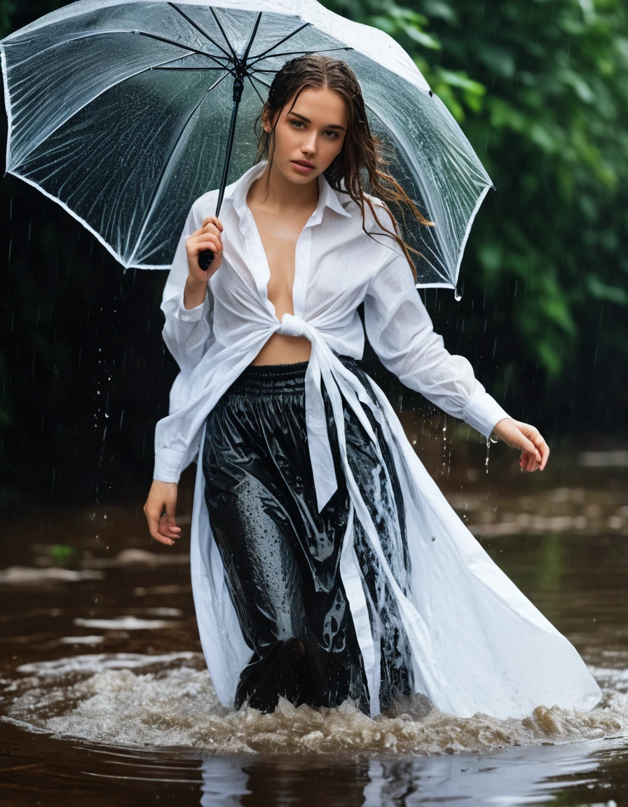 photo of young woman, in soaking wet, drenched clothes,
maxi skirt ripped, torn, white long-sleeved oversized shirt, tie, sewer, 
enjoying, wet clothes stuck to body,
detailed textures of the wet clothes, wet face, wet plastered hair,
wet, drenched, professional, high-quality details, full body view.
sharp focus, ultra-high pixel detail, realistic, high-quality, full colors, incredibly detailed, 4k, 8k, 16k, hyper-realistic, RAW photo, masterpiece, ultra-detailed, professionally color graded, professional photograph, heavy rain, umbrella