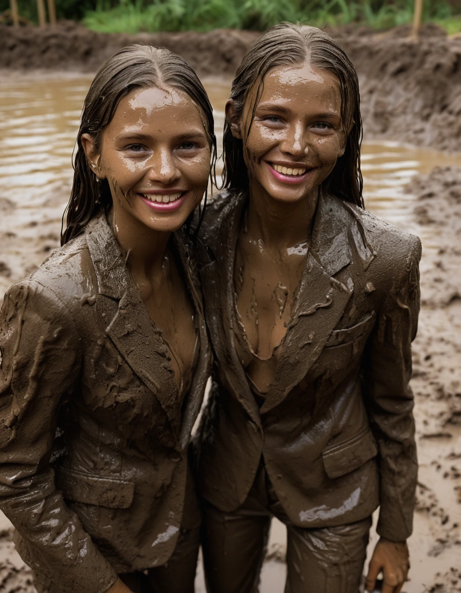 photo of young woman, in soaking wet, drenched clothes,
Muddy high heels, Long very muddy suit pants, Full muddy ruined fully-opened blazer like a fancy uniform over topless with super sexy cleavage and fully exposed small boobs with perky nipples., Dark muddy indoor disco club at night. Deep mud in the pool, mud splashed walls, dripping mud from above, very dark mood lighting with pink and blue neon lights from above. , 
enjoying, wet clothes stuck to body,
detailed textures of the wet clothes, wet face, wet plastered hair,
wet, drenched, professional, high-quality details, full body view.
sharp focus, ultra-high pixel detail, realistic, high-quality, full colors, incredibly detailed, 4k, 8k, 16k, hyper-realistic, RAW photo, masterpiece, ultra-detailed, professionally color graded, professional photograph, Four very young-looking childish cute innocent blonde 12 years old beautiful gleaming irresistible schoolgirls are playing together deeply submerged in the very deep muddy pool after a full dip in it and holding a glass of champagne in their hands during the crazy muddy indoor disco party at night and posing for a professional photo while they proudly showing their muddy boobs to the camera. They are proudly wearing their fully and heavily mud-covered unbuttoned and opened suits which fully exposing their small sexy muddy boobs with their muddy nipples. Focus on the large cleavages of the blazers and on the exposed boobs with nipples. Every small details of the clothes are muddy, clean beautiful faces, muddy chests and boobs. Their blazer has the same colour as their muddy pants. The classy elegant disco club is totally destroyed by mud, mud spots everywhere, mud flows down on the walls, mud on the furnitures in the background. Straight very long open wavy hairstyle, muddy hair, smiling and satisfied beautiful clean faces, blue eyes, earrings, lipstick. The girls are enjoying to being total muddy in the muddy pool, being sexy, naughty while they are enjoying the muddy fetish party. Realistic muddy boobs and photorealistic detailed smiling facial expressions. Intimate close-up picture about the girls. Close-up photo from front view, highly realistic representation, ultra sharp focus, highly photorealistic detailed textures, highly photorealistic detailed facial features and expressions, highly photorealistic hands, highly emotional reactions, highly best quality, highly sharp photorealistic image, highly photorealistic details, full UHD resolution, 32 K, very high level of detail and image sharpness, zoomed in