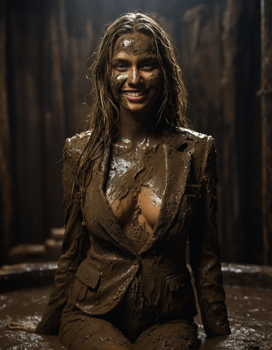 photo of young woman, in soaking wet, drenched clothes,
Muddy high heels, Long very muddy suit pants, Full muddy ruined fully-opened blazer like a fancy uniform over topless with super sexy cleavage and fully exposed small boobs with perky nipples., Dark muddy indoor disco club at night. Mud-filled deep hot tub in the club. Deep mud in the pool, mud splashed walls, dripping mud from above, very dark mood lighting with pink and blue neon lights from above. , 
enjoying, wet clothes stuck to body,
detailed textures of the wet clothes, wet face, wet plastered hair,
wet, drenched, professional, high-quality details, full body view.
sharp focus, ultra-high pixel detail, realistic, high-quality, full colors, incredibly detailed, 4k, 8k, 16k, hyper-realistic, RAW photo, masterpiece, ultra-detailed, professionally color graded, professional photograph, Three very young-looking childish cute innocent blonde 15 years old beautiful gleaming lesbian schoolgirls are laying on their backs and relaxing sexually exhausted in the deep muddy hot tub after muddy orgasm during the crazy muddy indoor party at night on a professional photo. They are proudly wearing their fully and heavily mud-covered unbuttoned and opened suits which fully exposing their small sexy muddy boobs with their muddy nipples. Focus on the large cleavages of the blazers and on the exposed boobs with nipples. Every small details of the clothes are muddy, clean beautiful faces, muddy chests and boobs. Their blazer has the same colour as their muddy pants. The classy elegant disco club is totally destroyed by mud, mud spots everywhere, mud flows down on the walls, mud on the furnitures in the background. Straight very long open wavy hairstyle, muddy hair, smiling and satisfied beautiful clean faces, blue eyes, earrings, lipstick. The girls are enjoying to being total muddy in the muddy pool, being sexy, naughty while they are enjoying the muddy fetish party. Realistic muddy boobs and photorealistic detailed smiling facial expressions. Intimate close-up picture about the girls. Close-up photo from front view, highly realistic representation, ultra sharp focus, highly photorealistic detailed textures, highly photorealistic detailed facial features and expressions, highly photorealistic hands, highly emotional reactions, highly best quality, highly sharp photorealistic image, highly photorealistic details, full UHD resolution, 32 K, very high level of detail and image sharpness, zoomed in