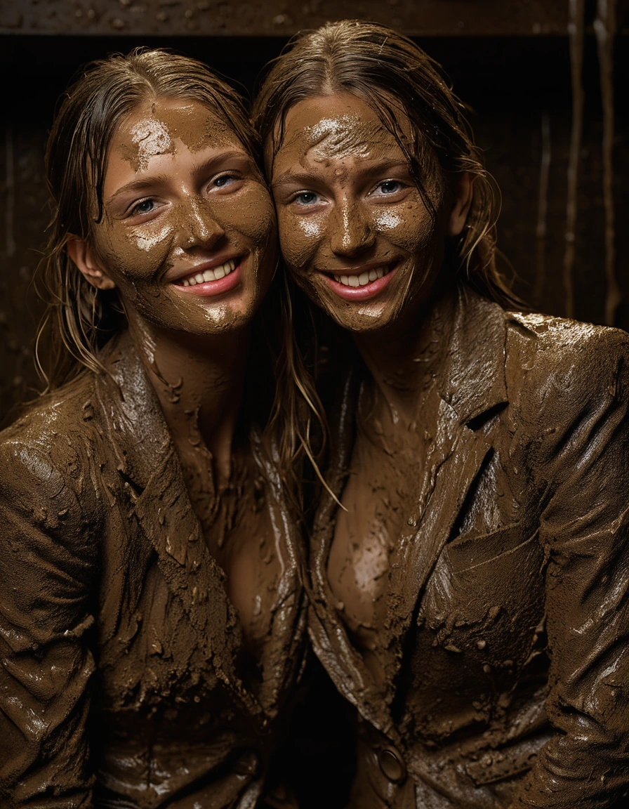 photo of young woman, in soaking wet, drenched clothes,
Muddy high heels, Long very muddy suit pants, Full muddy ruined fully-opened blazer like a fancy uniform over topless with super sexy cleavage and fully exposed small boobs with perky nipples., Dark muddy indoor disco club at night. Mud-filled deep hot tub in the club. Deep mud in the pool, mud splashed walls, dripping mud from above, very dark mood lighting with pink and blue neon lights from above. , 
enjoying, wet clothes stuck to body,
detailed textures of the wet clothes, wet face, wet plastered hair,
wet, drenched, professional, high-quality details, full body view.
sharp focus, ultra-high pixel detail, realistic, high-quality, full colors, incredibly detailed, 4k, 8k, 16k, hyper-realistic, RAW photo, masterpiece, ultra-detailed, professionally color graded, professional photograph, Three very young-looking childish cute innocent blonde 15 years old beautiful gleaming lesbian schoolgirls are laying on their backs and relaxing sexually exhausted in the deep muddy hot tub after muddy orgasm during the crazy muddy indoor party at night on a professional photo. They are proudly wearing their fully and heavily mud-covered unbuttoned and opened suits which fully exposing their small sexy muddy boobs with their muddy nipples. Focus on the large cleavages of the blazers and on the exposed boobs with nipples. Every small details of the clothes are muddy, clean beautiful faces, muddy chests and boobs. Their blazer has the same colour as their muddy pants. The classy elegant disco club is totally destroyed by mud, mud spots everywhere, mud flows down on the walls, mud on the furnitures in the background. Straight very long open wavy hairstyle, muddy hair, smiling and satisfied beautiful clean faces, blue eyes, earrings, lipstick. The girls are enjoying to being total muddy in the muddy pool, being sexy, naughty while they are enjoying the muddy fetish party. Realistic muddy boobs and photorealistic detailed smiling facial expressions. Intimate close-up picture about the girls. Close-up photo from front view, highly realistic representation, ultra sharp focus, highly photorealistic detailed textures, highly photorealistic detailed facial features and expressions, highly photorealistic hands, highly emotional reactions, highly best quality, highly sharp photorealistic image, highly photorealistic details, full UHD resolution, 32 K, very high level of detail and image sharpness, zoomed in