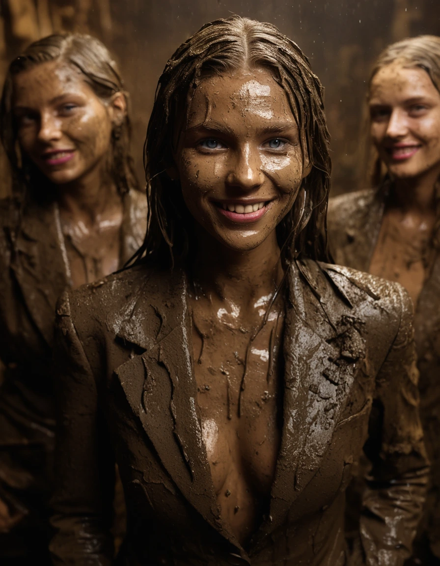 photo of young woman, in soaking wet, drenched clothes,
, , Full muddy ruined fully-opened blazer like a fancy uniform over topless with super sexy large cleavage and fully exposed small boobs with perky nipples., Dark muddy indoor disco club at night. Deep mud in the pool, mud splashed walls, dripping mud from above, very dark mood lighting with pink and blue neon lights from above. , 
enjoying, wet clothes stuck to body,
detailed textures of the wet clothes, wet face, wet plastered hair,
wet, drenched, professional, high-quality details, full body view.
sharp focus, ultra-high pixel detail, realistic, high-quality, full colors, incredibly detailed, 4k, 8k, 16k, hyper-realistic, RAW photo, masterpiece, ultra-detailed, professionally color graded, professional photograph, Three very young-looking childish cute innocent blonde 13 years old beautiful gleaming lesbian schoolgirls are submerging in the very deep muddy pool during the crazy muddy indoor disco party at night and posing erotically for a professional photo. They are proudly wearing their fully and heavily mud-covered unbuttoned and opened suits which fully exposing their small sexy muddy boobs with their muddy nipples. Focus on the large cleavages of the blazers and on the exposed boobs with nipples. Every small details of the clothes are muddy, clean beautiful faces, muddy chests and boobs. The girl's legs and waists are below the mud and doesn't visible on the picture. The classy elegant disco club is totally destroyed by mud, mud spots everywhere, mud flows down on the walls, mud on the furnitures in the background. Straight very long open wavy hairstyle, muddy hair, smiling and satisfied beautiful clean faces, blue eyes, earrings, lipstick. The girls are enjoying to being total muddy in the muddy pool, being sexy, naughty while they are enjoying the muddy fetish party. Realistic muddy boobs and photorealistic detailed smiling facial expressions. Intimate close-up picture about the girls. Close-up photo from front view, highly realistic representation, ultra sharp focus, highly photorealistic detailed textures, highly photorealistic detailed facial features and expressions, highly photorealistic hands, highly emotional reactions, highly best quality, highly sharp photorealistic image, highly photorealistic details, full UHD resolution, 32 K, very high level of detail and image sharpness, zoomed in