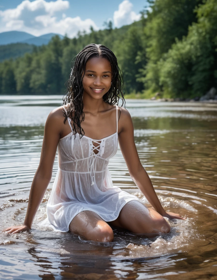 photo of young woman, in soaking wet, drenched clothes,
white strappy high heel wedge sandals, soaked, soaked white stockings, glistening wet, dripping with water, soaked clingy very tight-fitting short transparent white summer dress, glistening wet, dripping with water, showing cleavage, showing nipples, clear lake in the sun, 
enjoying, wet clothes stuck to body,
detailed textures of the wet clothes, wet face, wet plastered hair,
wet, drenched, professional, high-quality details, full body view.
sharp focus, ultra-high pixel detail, realistic, high-quality, full colors, incredibly detailed, 4k, 8k, 16k, hyper-realistic, RAW photo, masterpiece, ultra-detailed, professionally color graded, professional photograph, very slim, flat belly, petite ebony teen, skin the color of milk chocolate, firm a-cup breasts with hard nipples,  very long black hair, sultry black eyes, smiling timidly, sitting on a large granite rock, smoothing the dress