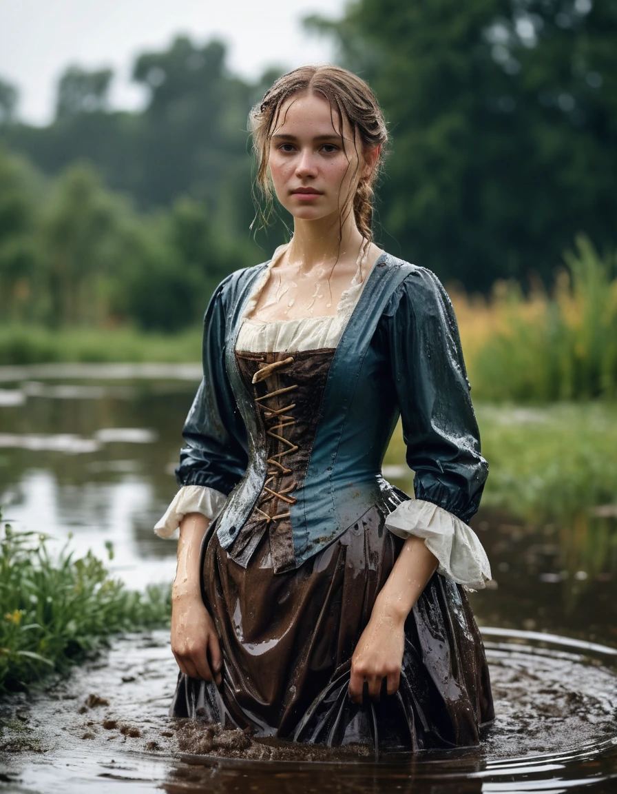 photo of young woman, in soaking wet, drenched clothes,
victorian dress, pond, 
enjoying, wet clothes stuck to body,
detailed textures of the wet clothes, wet face, wet plastered hair,
wet, drenched, professional, high-quality details, full body view.
sharp focus, ultra-high pixel detail, realistic, high-quality, full colors, incredibly detailed, 4k, 8k, 16k, hyper-realistic, RAW photo, masterpiece, ultra-detailed, professionally color graded, professional photograph, clothes are torn, ripped, ruined